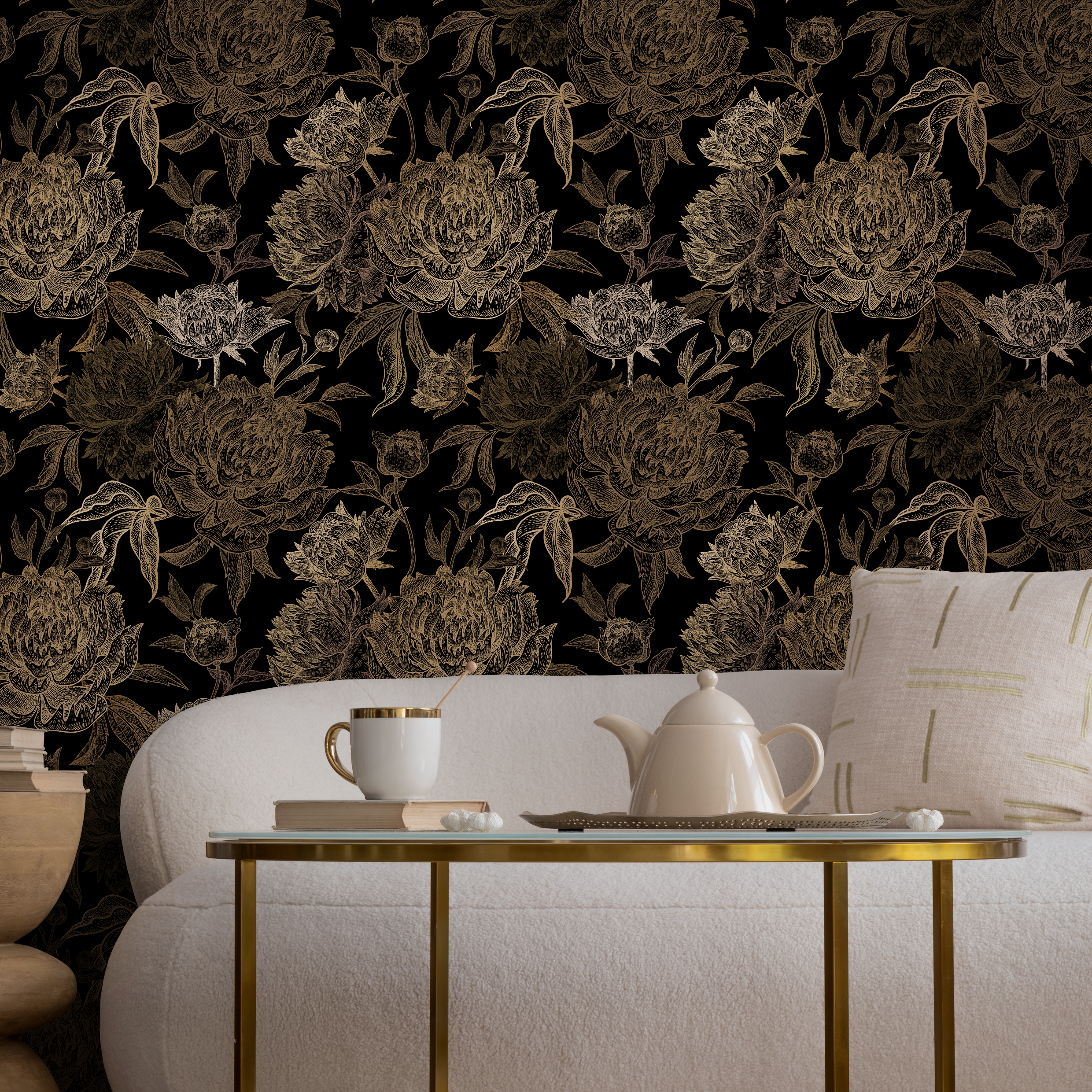 Floral Wallpaper With A Vintage Peony Motif In Black And Gold - B665