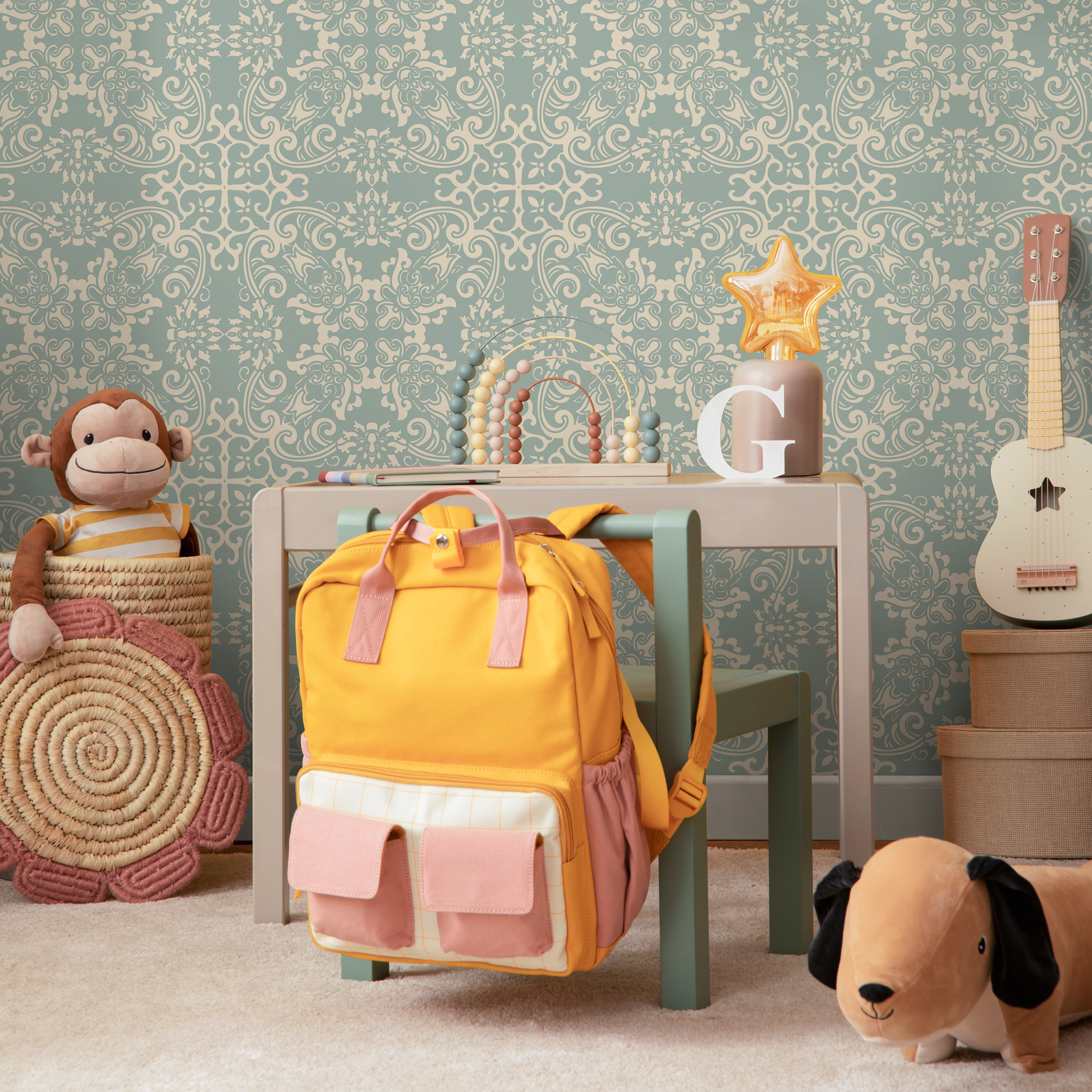 Damask Wallpaper With An Ornate Vintage Pattern In Sage Green And Cream - B667