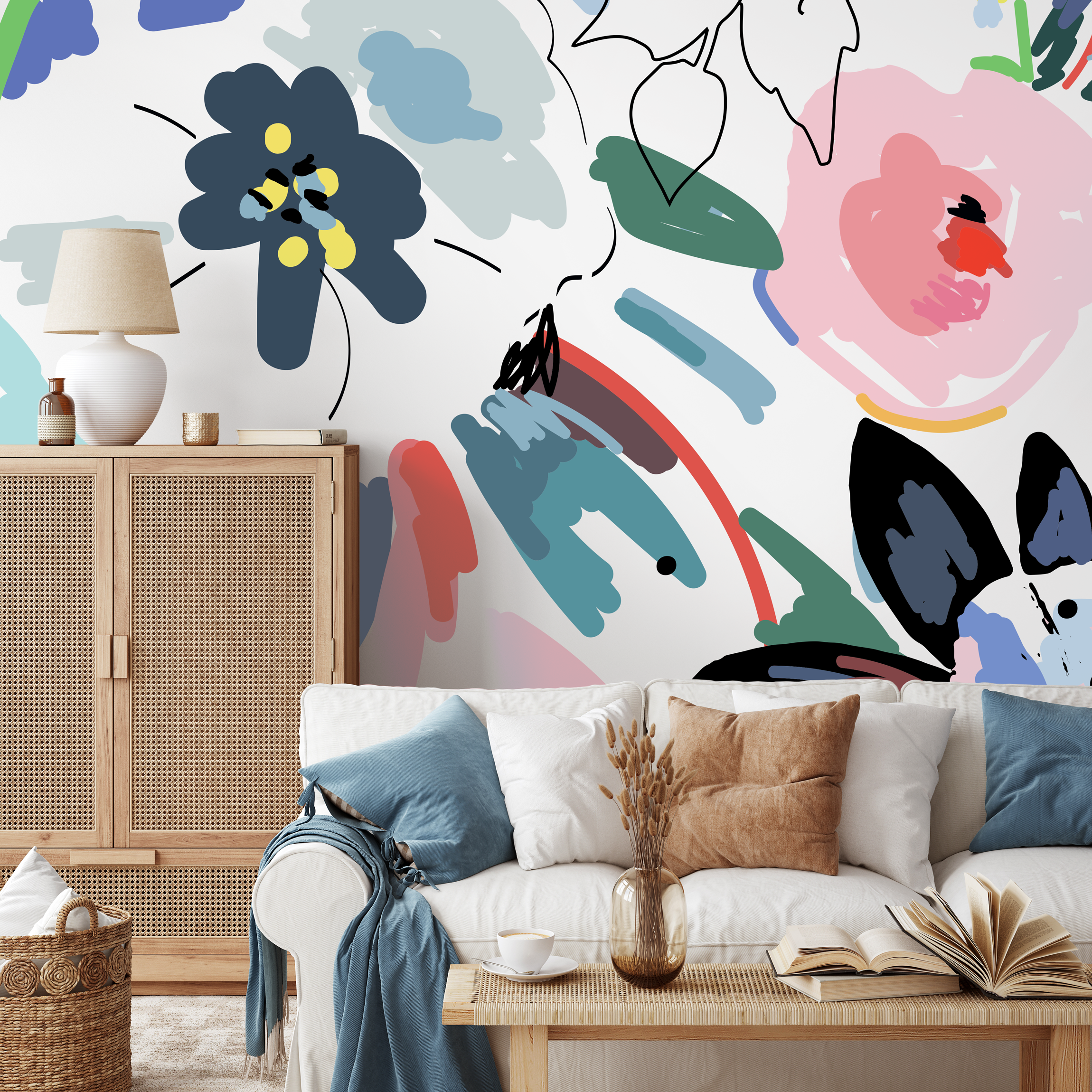 Abstract Wallpaper Featuring Painterly Flowers In Blue, Pink, And Red - B668