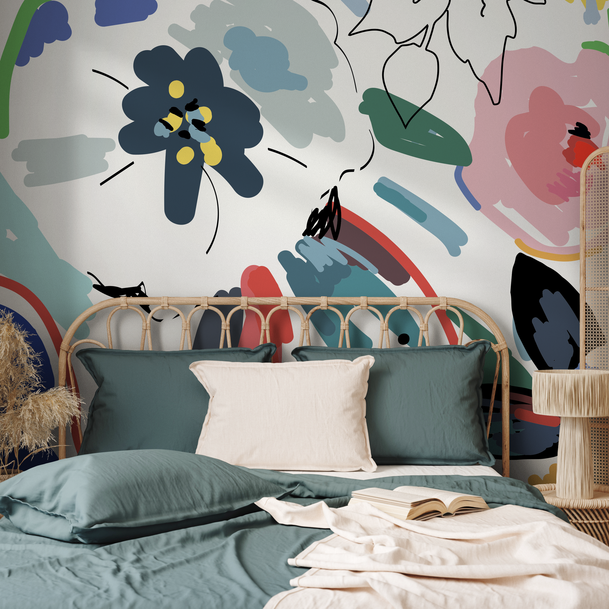 Abstract Wallpaper Featuring Painterly Flowers In Blue, Pink, And Red - B668