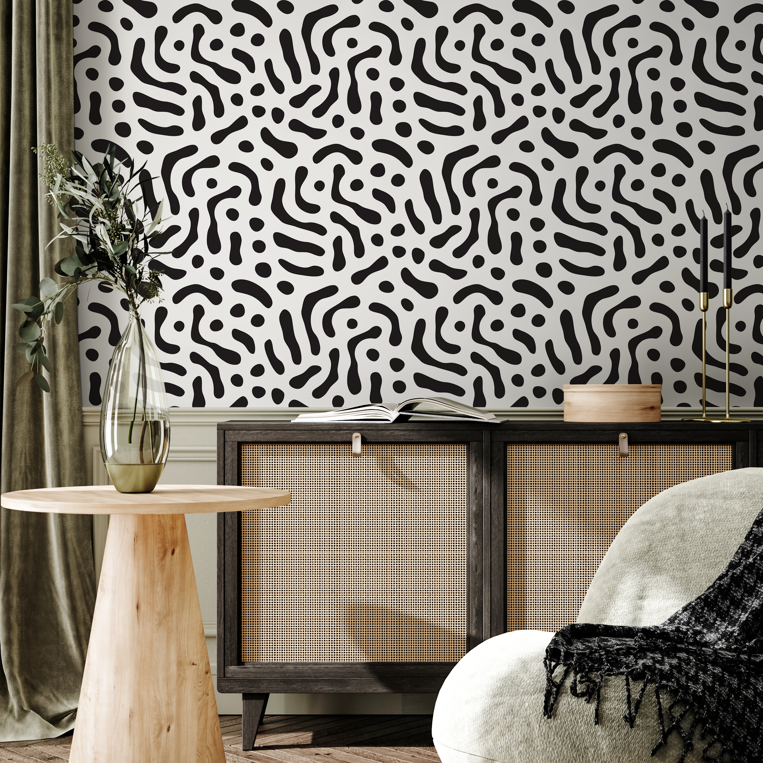 Abstract Wallpaper With An Organic Squiggle Motif In Black And White - B669