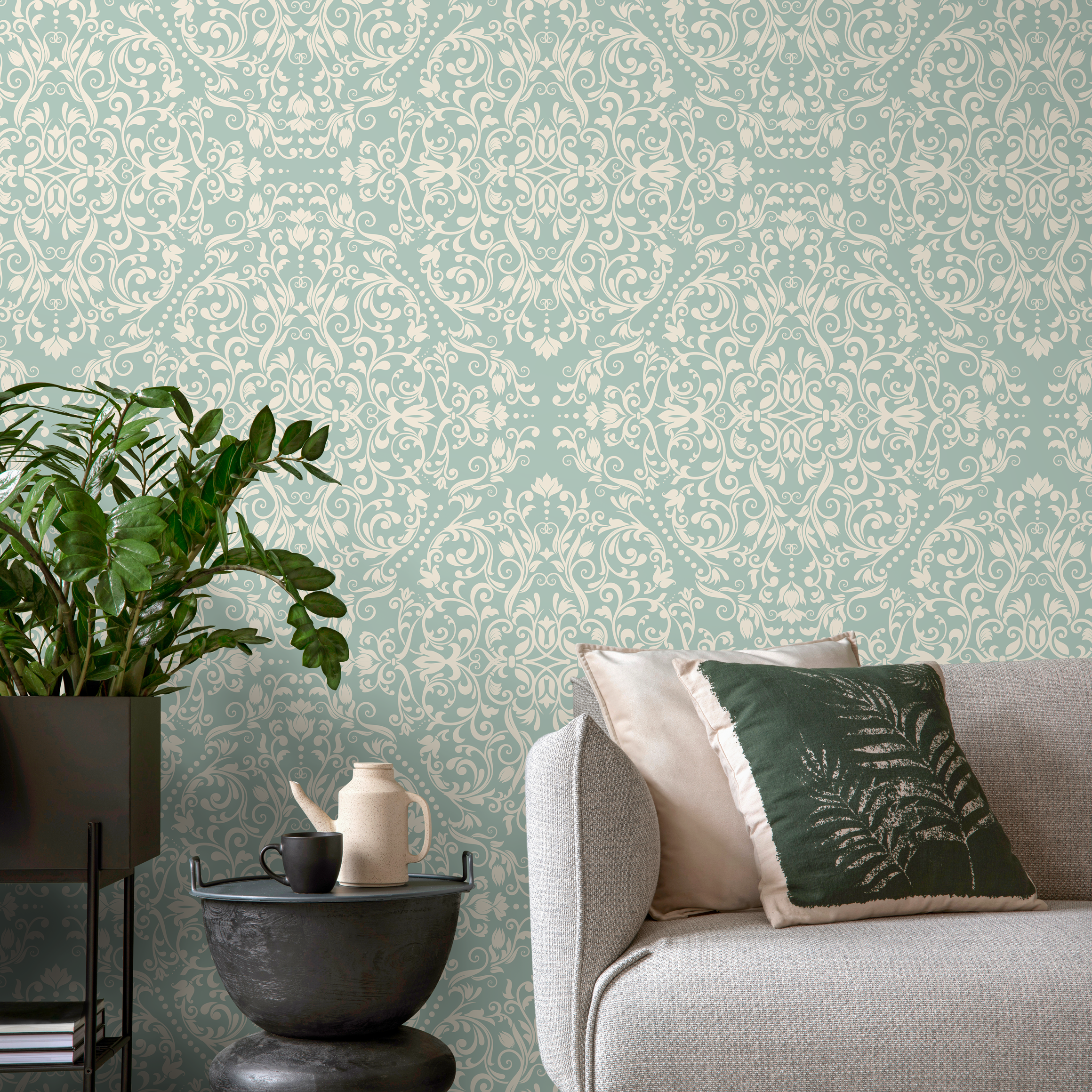 Damask Wallpaper With Intricate Scrolls In Sage Green And Cream - B670