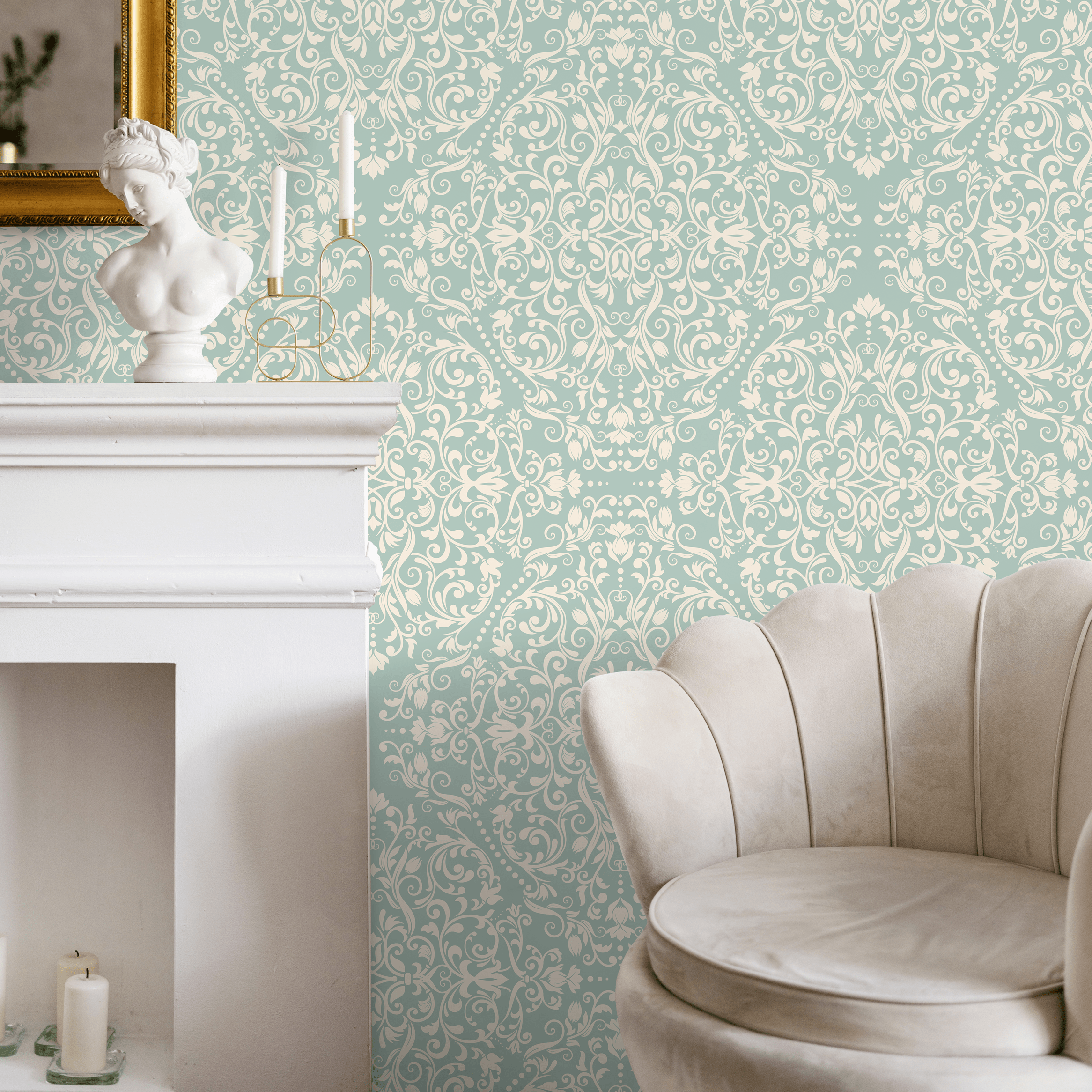 Damask Wallpaper Featuring An Ornate Scroll Motif In Sage Green And Cream - B670