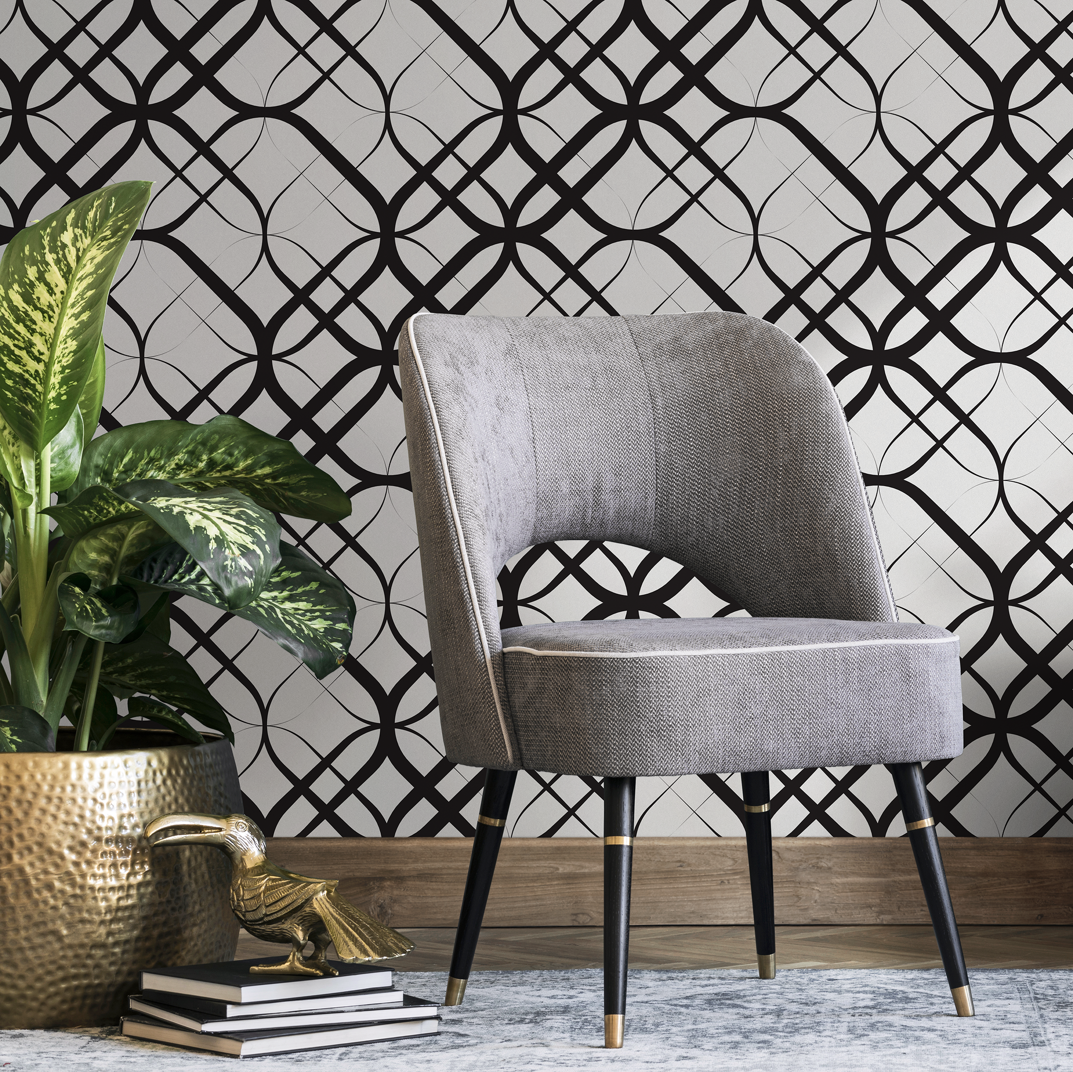Geometric Wallpaper With Intersecting Curves In Black And White - B684