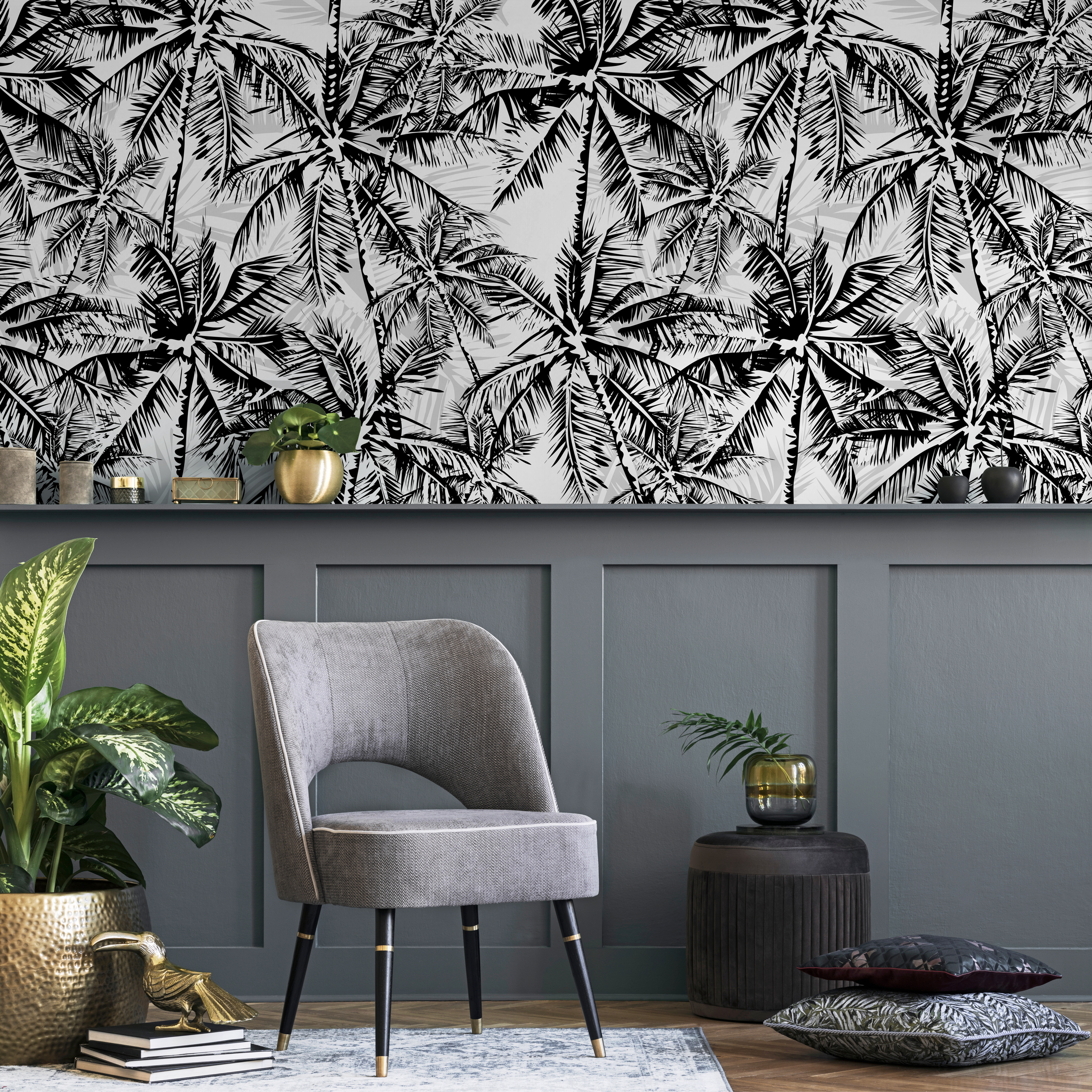 Tropical Wallpaper With Layered Palm Trees In Black And Gray - B689