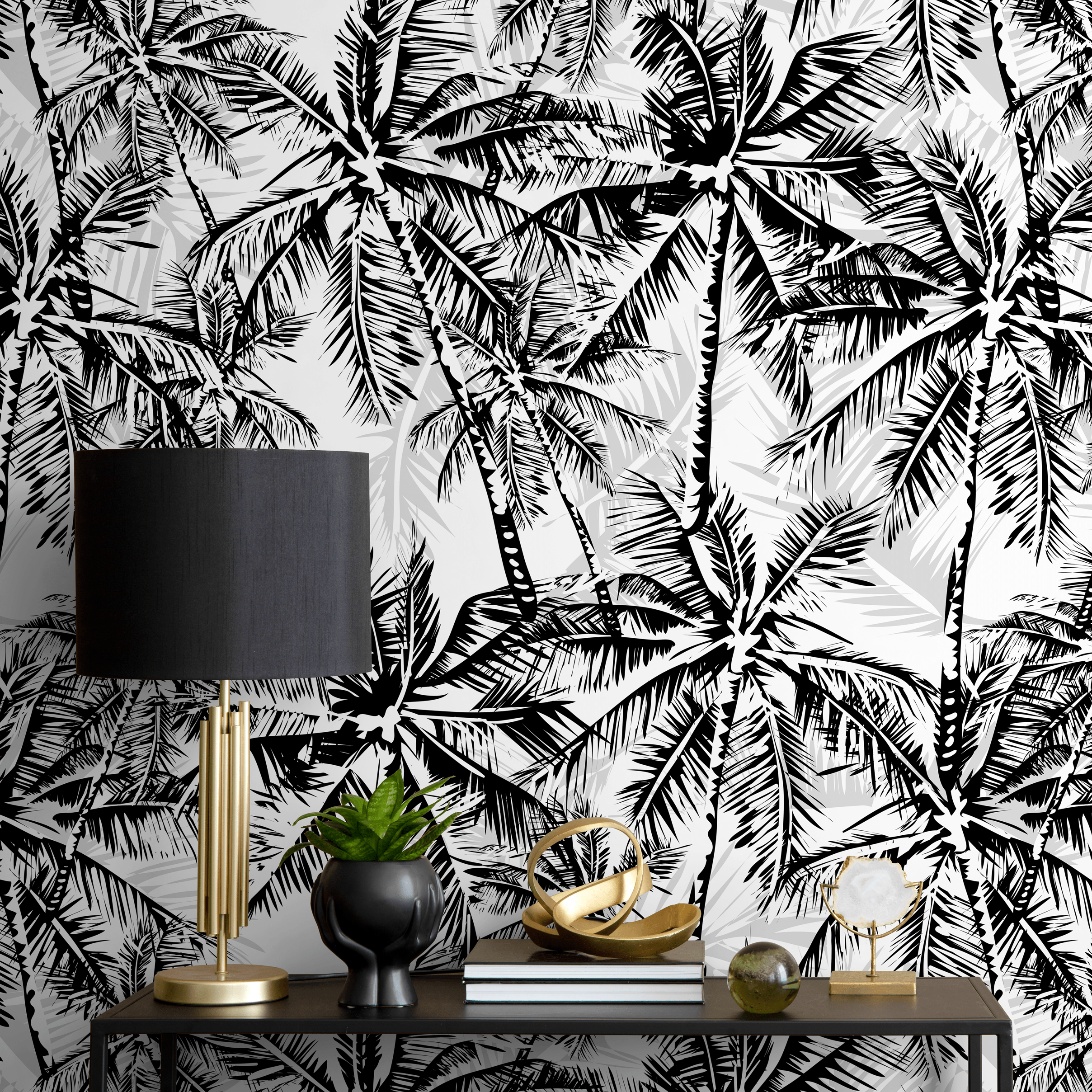 Tropical Wallpaper With Layered Palm Trees In Black And Gray - B689