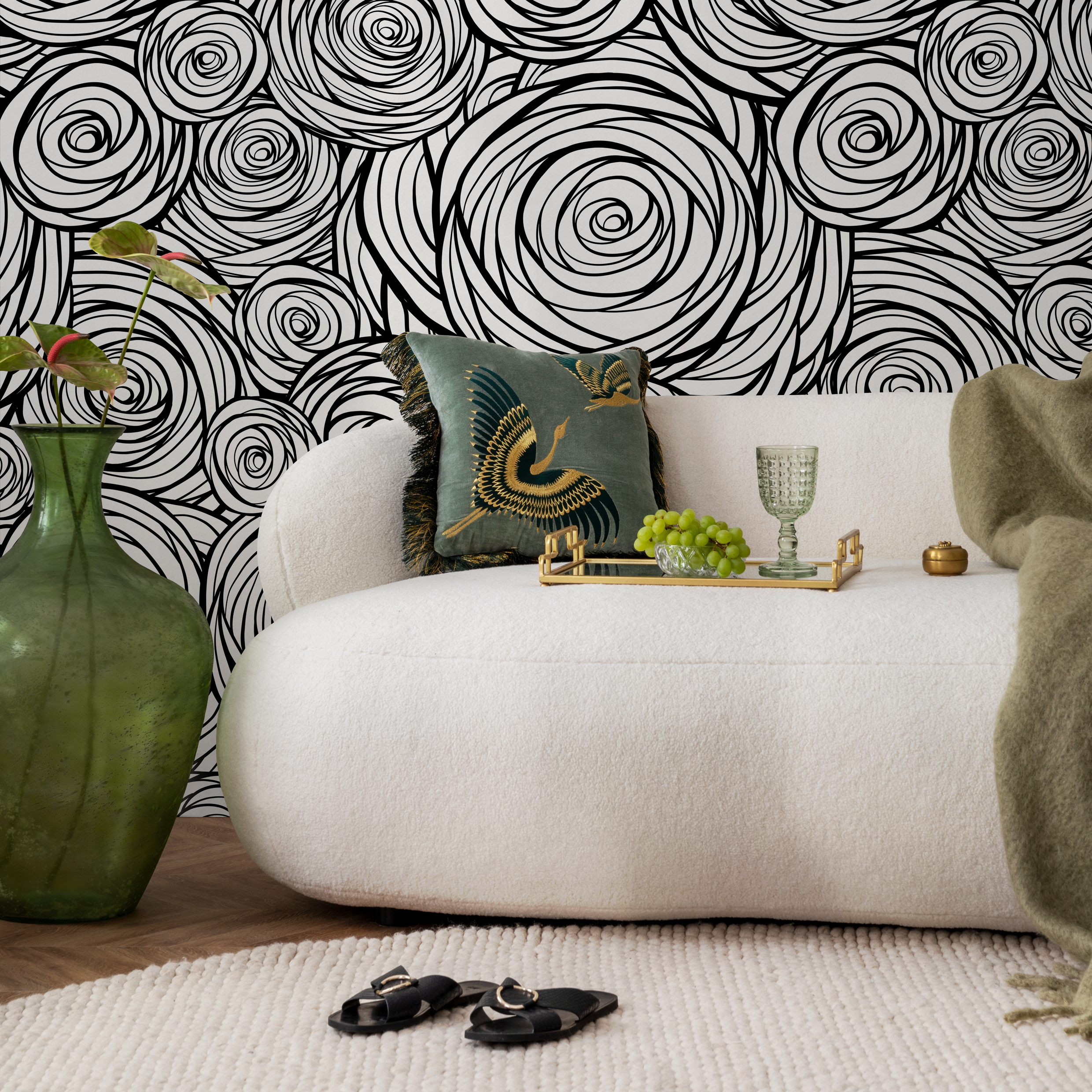 Abstract Wallpaper Featuring Swirling Roses In Black And White - B691