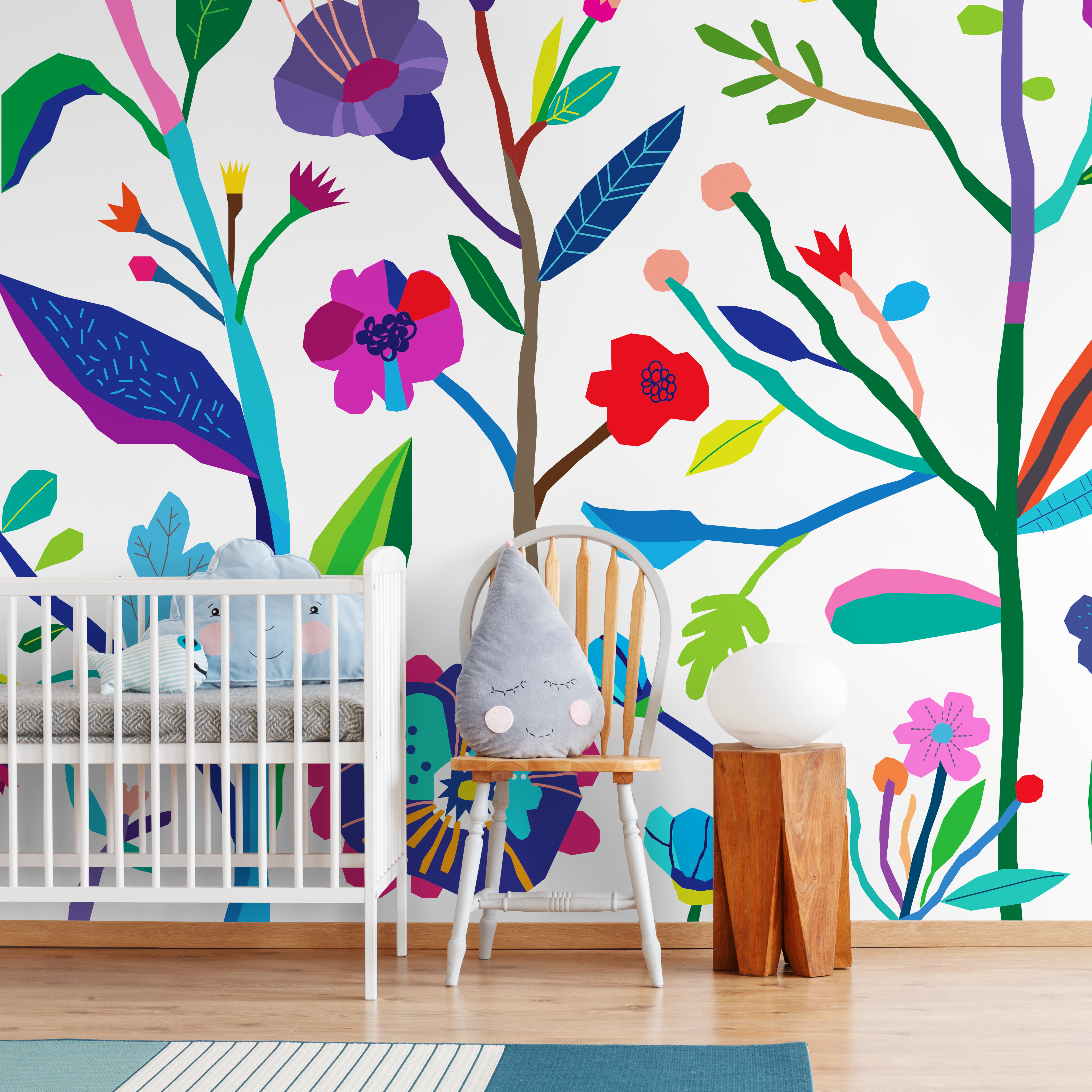 Floral Wallpaper With A Colorful Cutout Design In Blue, Purple, And Green - B692