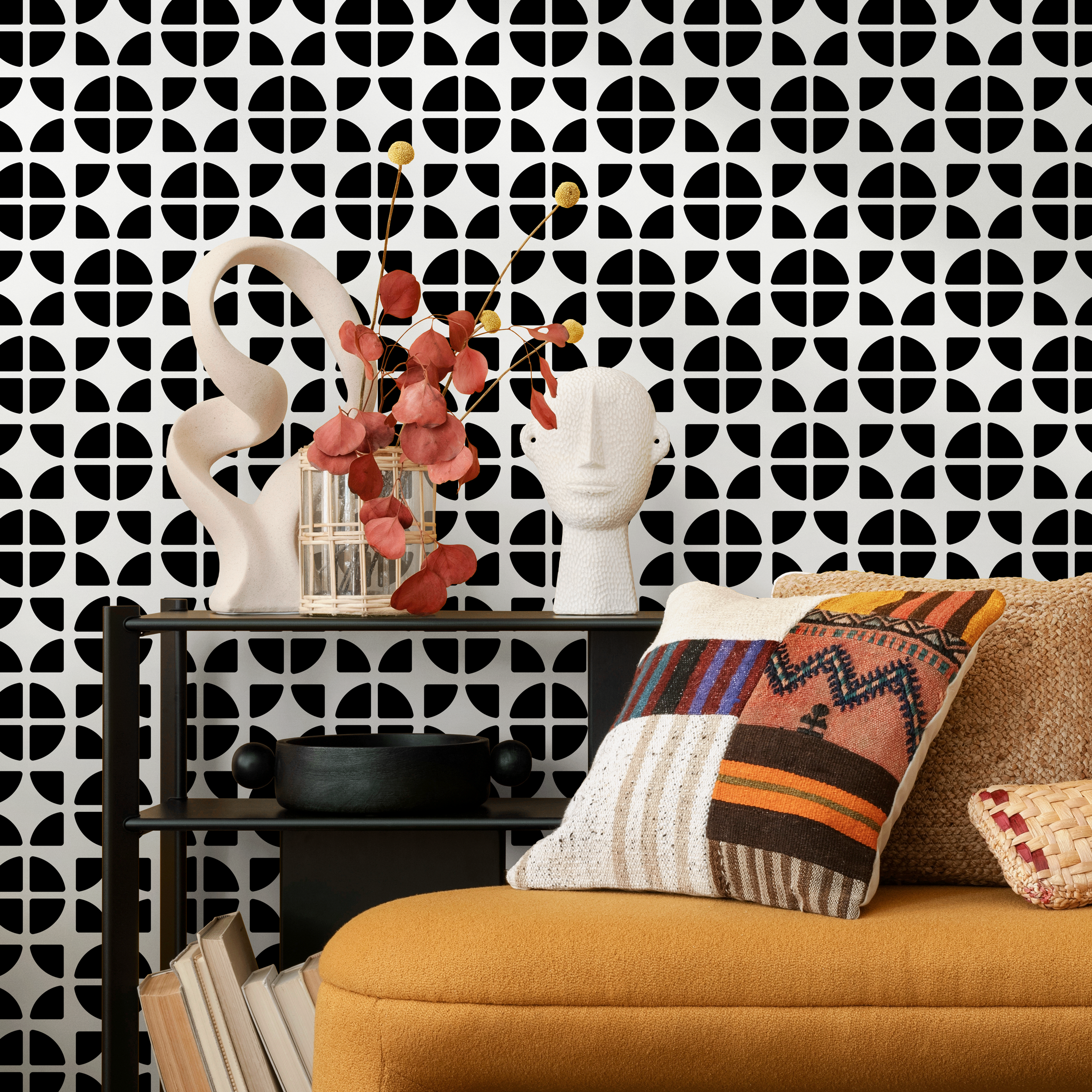 Geometric Wallpaper With A Quarter-circle Tile Motif In Black And White - B693