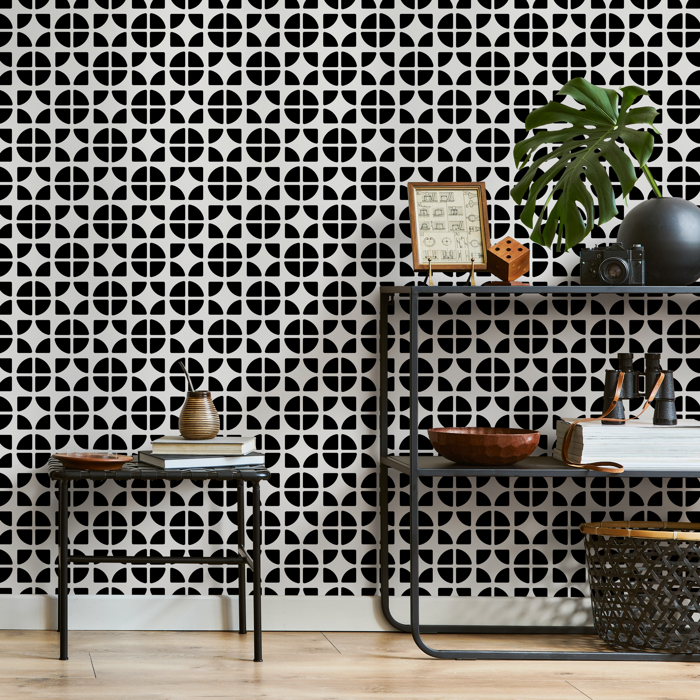 Geometric Wallpaper With A Quarter-circle Tile Motif In Black And White - B693