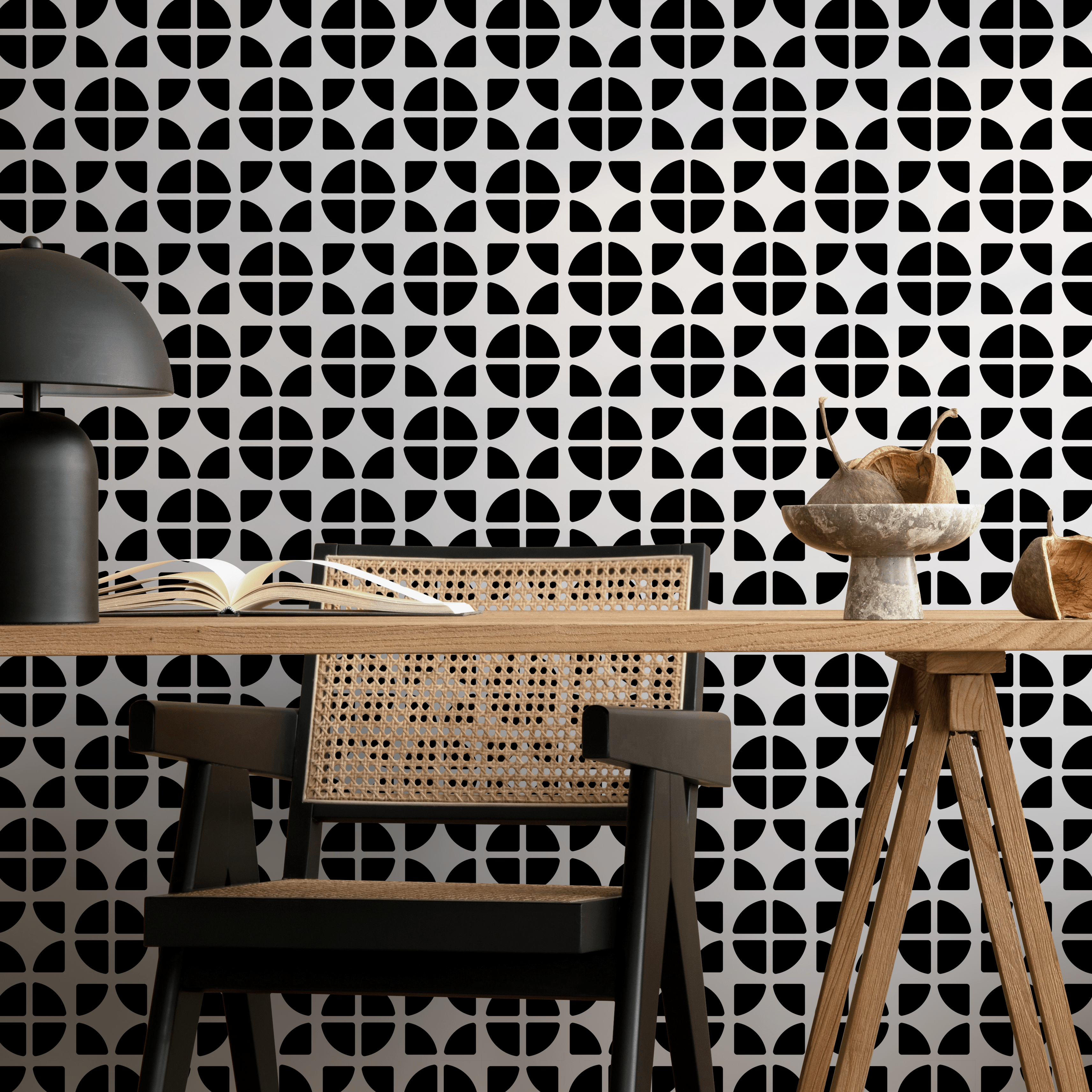 Geometric Wallpaper With A Quarter-circle Tile Motif In Black And White - B693