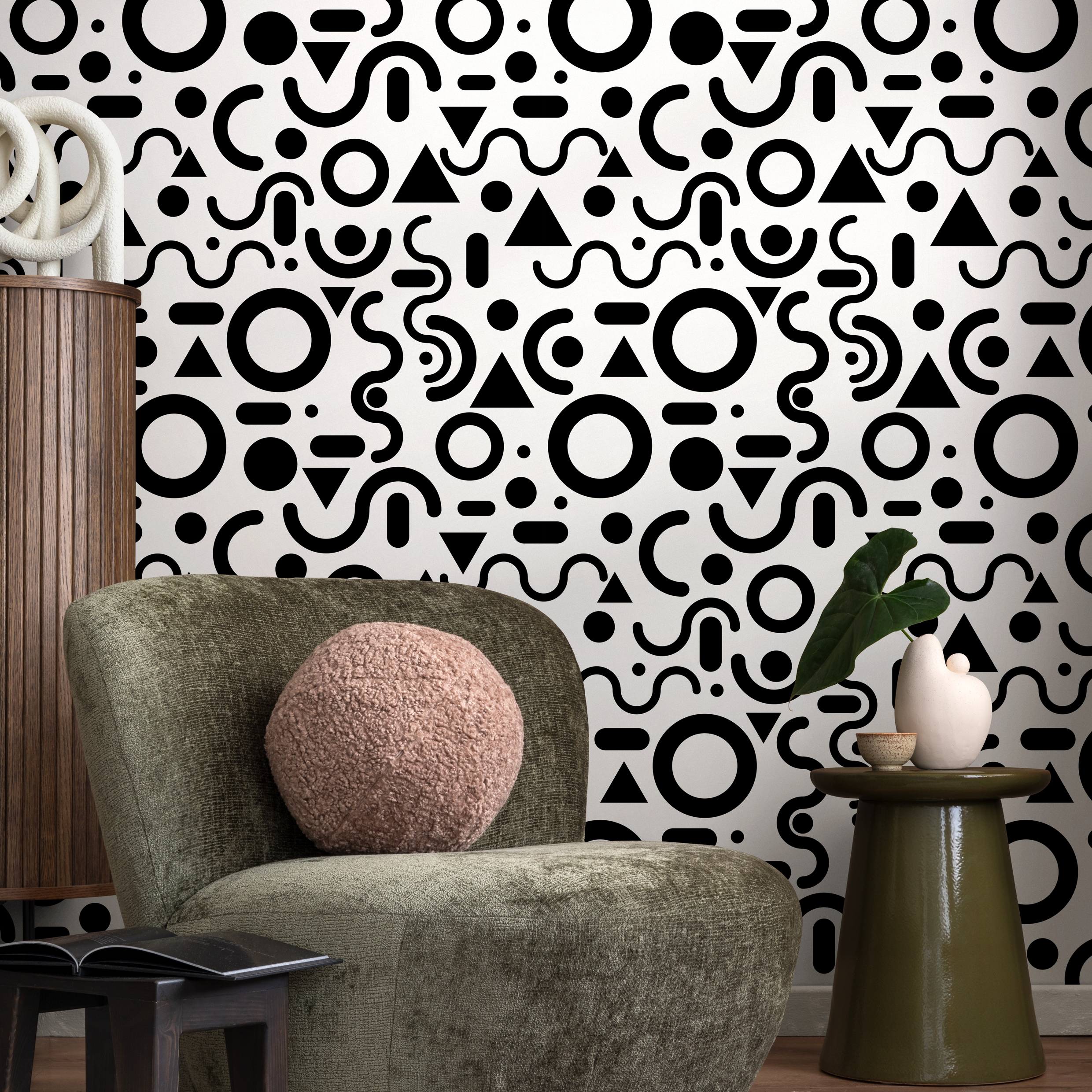 Geometric Wallpaper Featuring Abstract Shapes In Black And White - B694