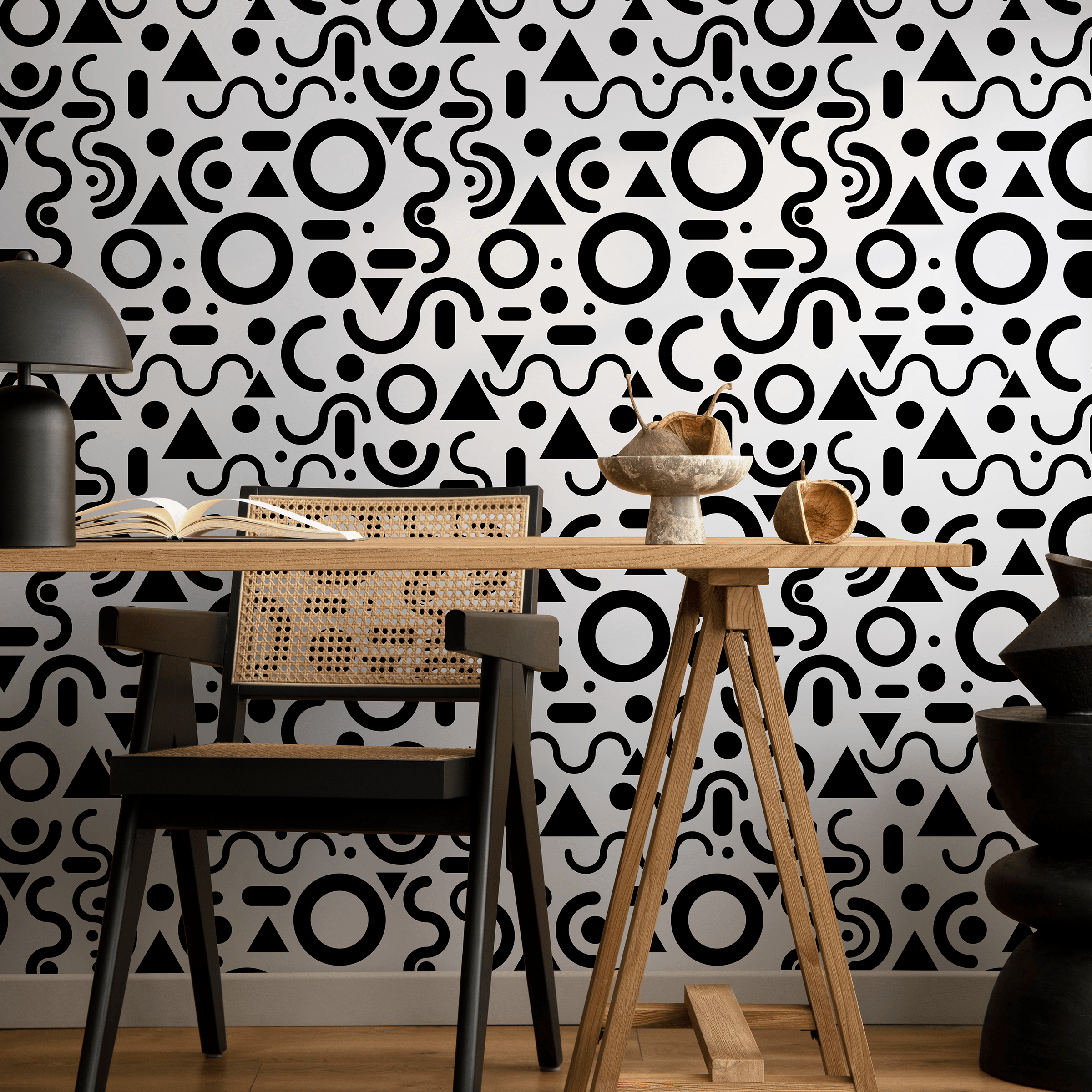 Geometric Wallpaper Featuring Abstract Shapes In Black And White - B694