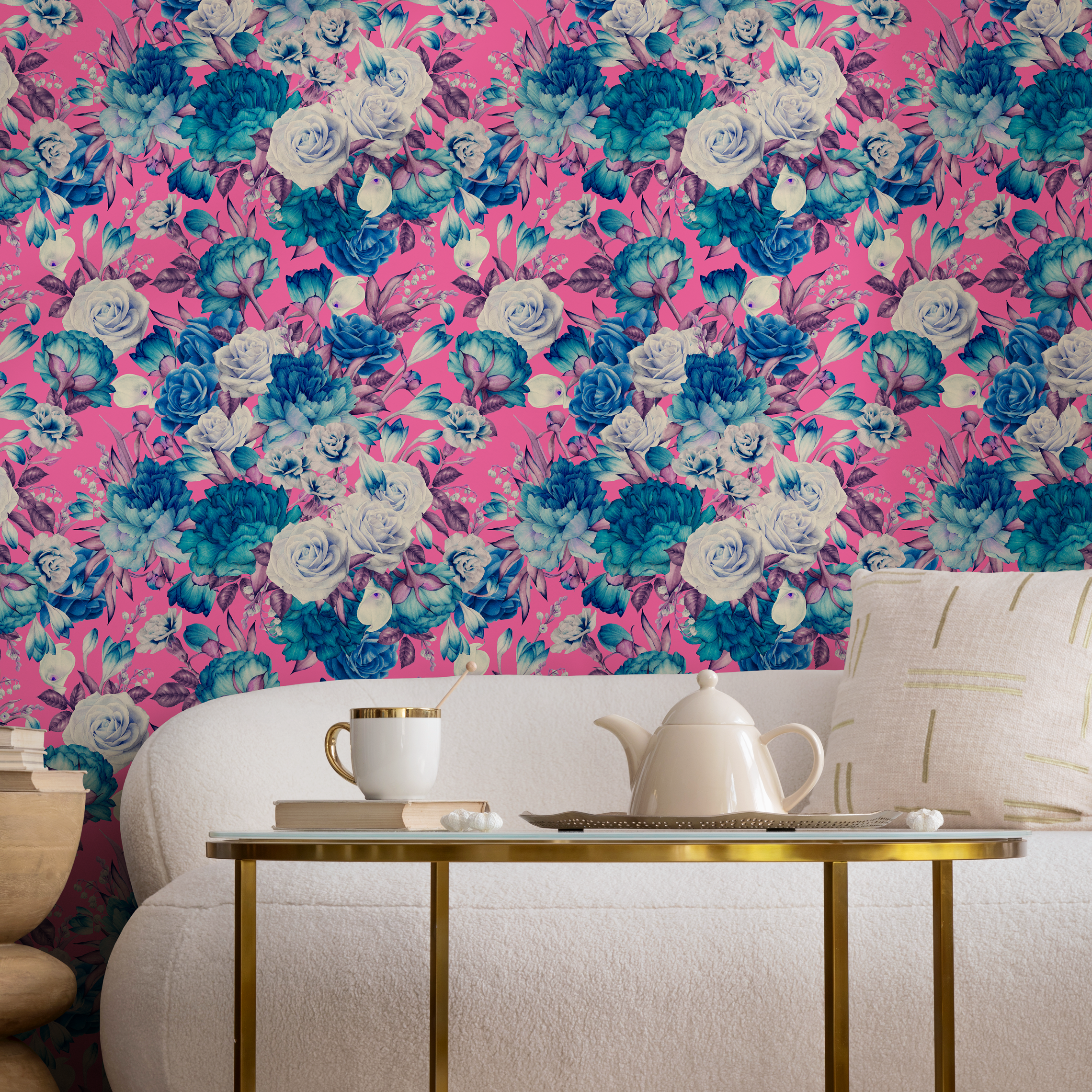 Floral Wallpaper Featuring A Lush Rose Bouquet In Pink, Blue, And White - B695