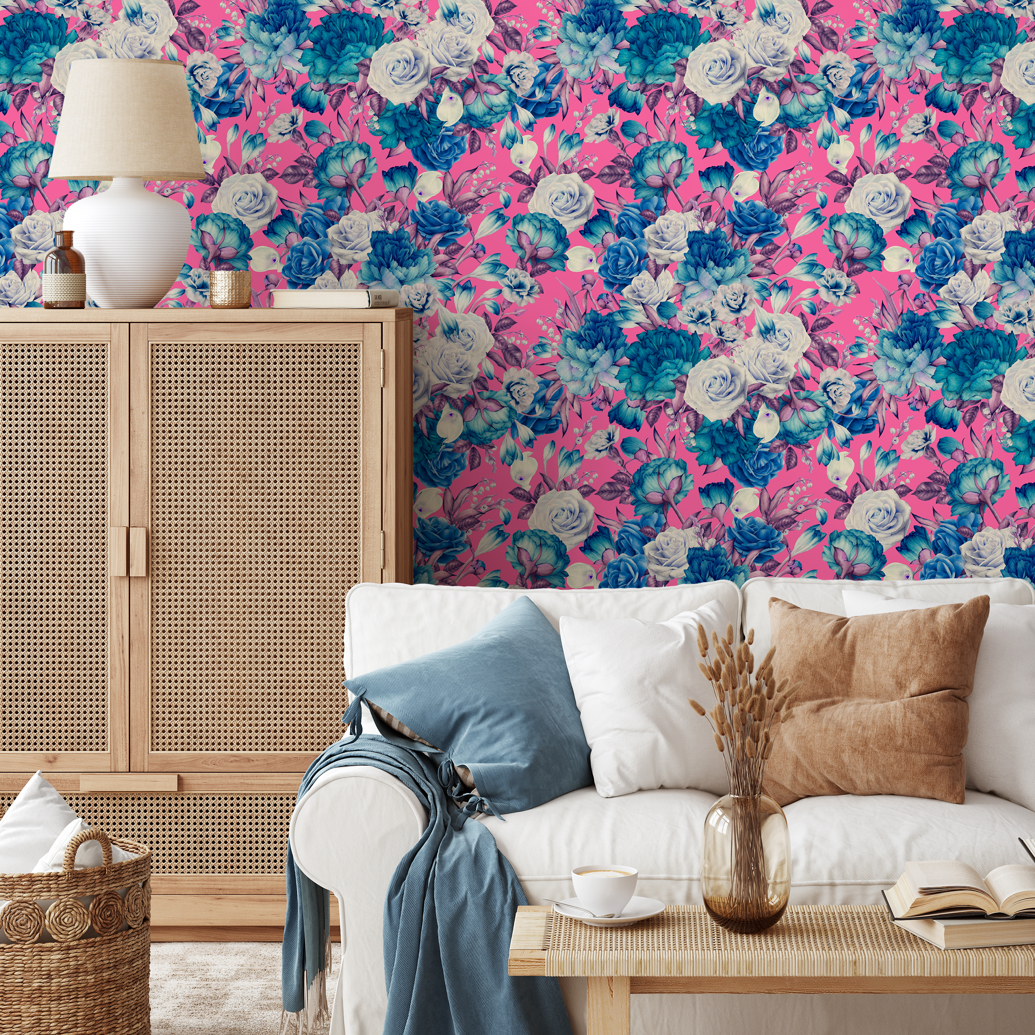 Floral Wallpaper Featuring A Lush Rose Bouquet In Pink, Blue, And White - B695
