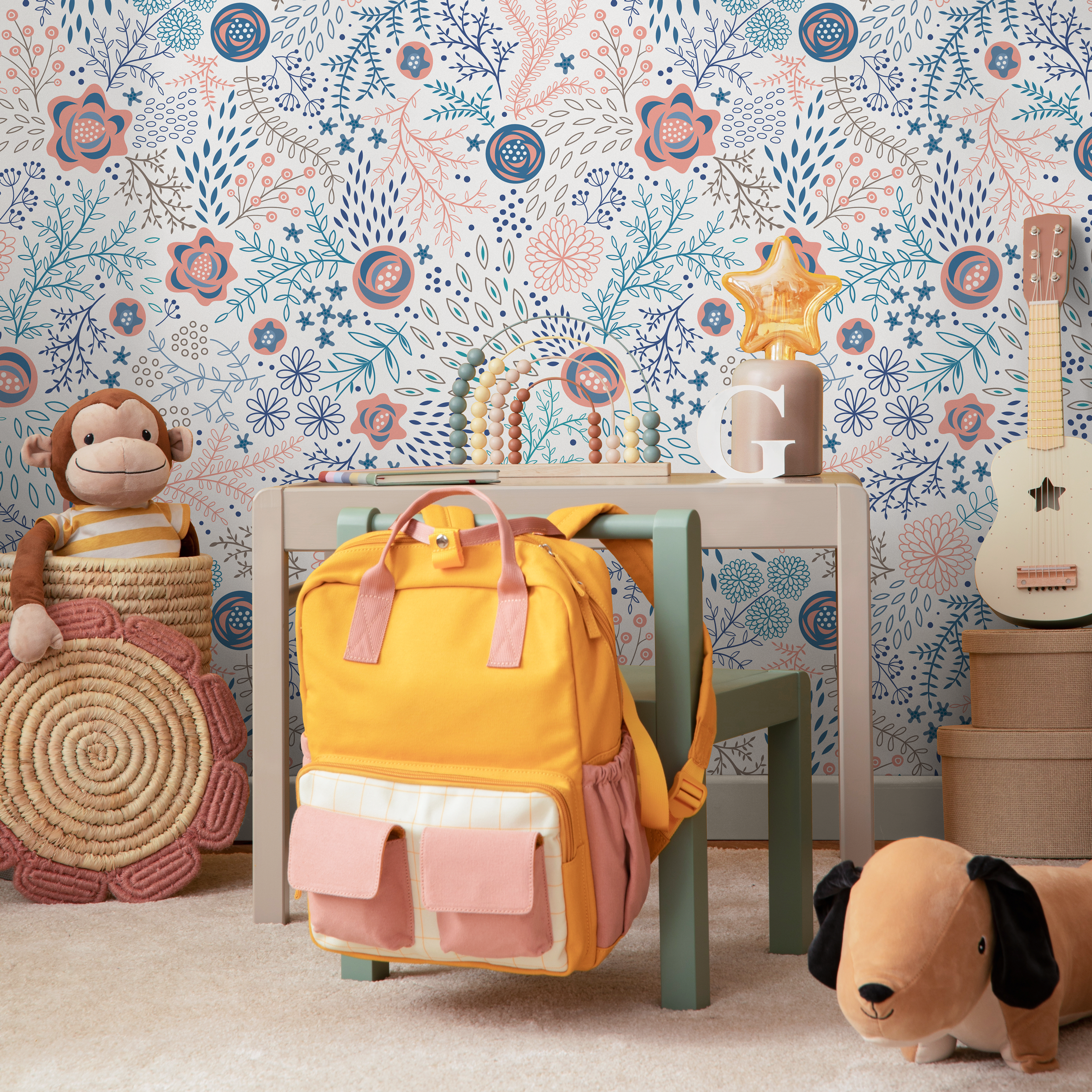 Floral Wallpaper With Stylized Meadow Blooms In Coral, Blue, And Teal - B696