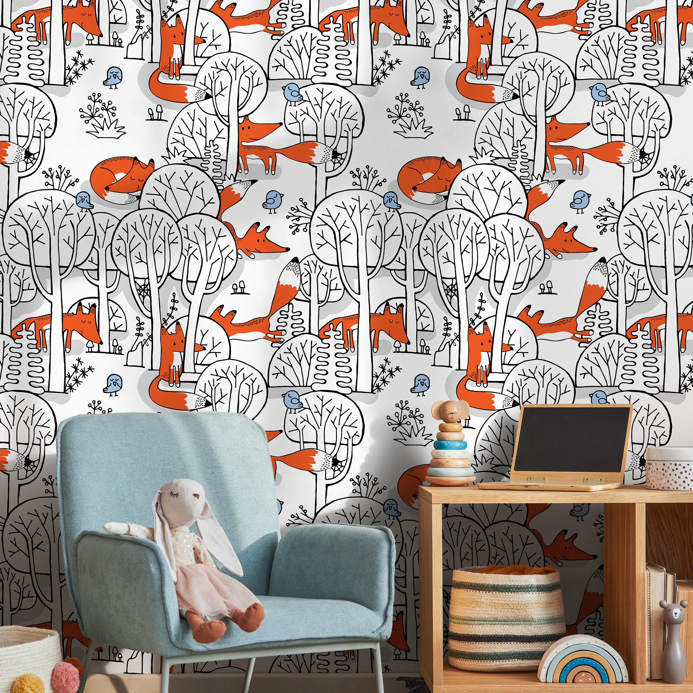 Woodland Wallpaper Featuring Hand-drawn Foxes And Birds In Orange, Black, And Blue - B698