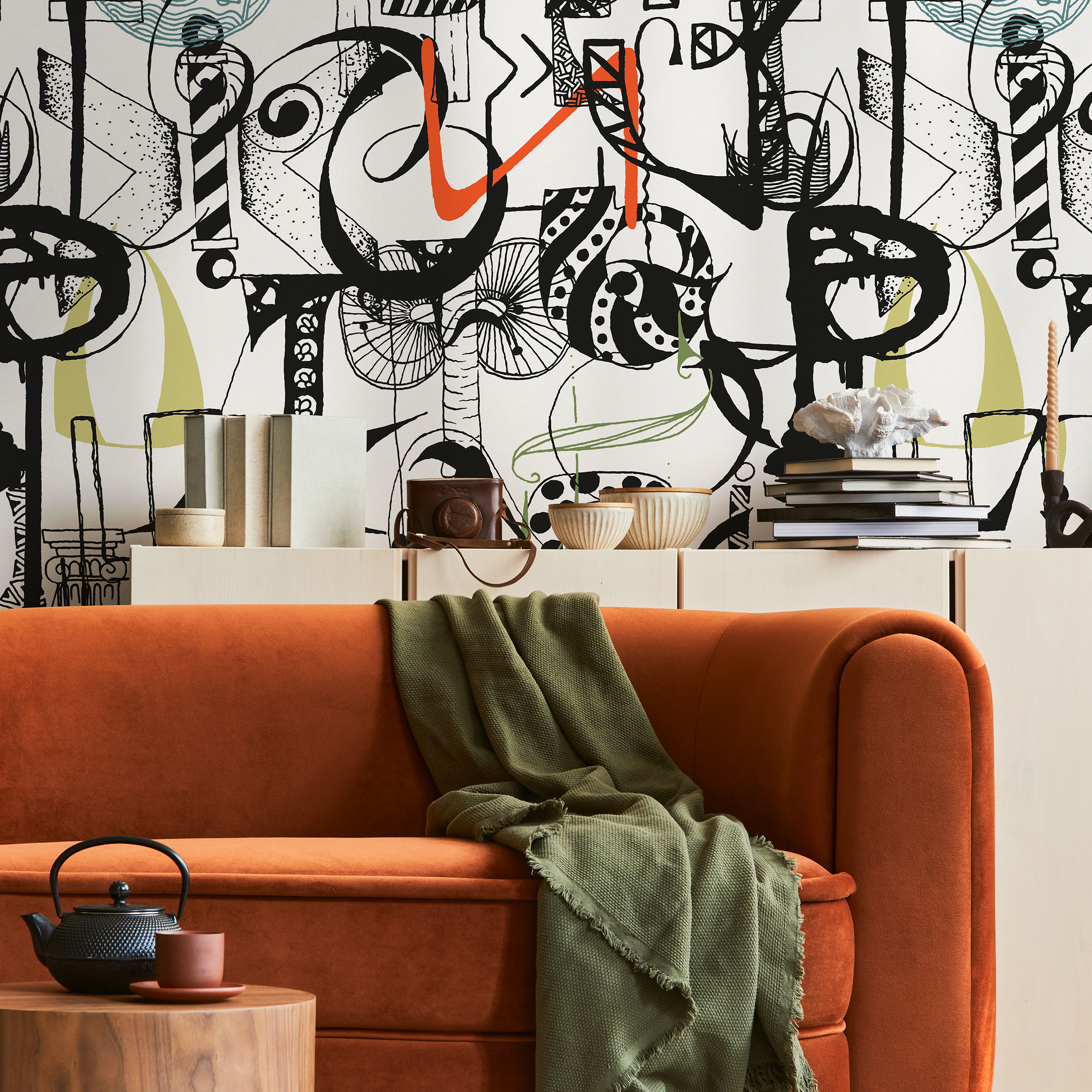 Abstract Wallpaper With A Cubist Art Collage In Black, Teal, And Orange - B699