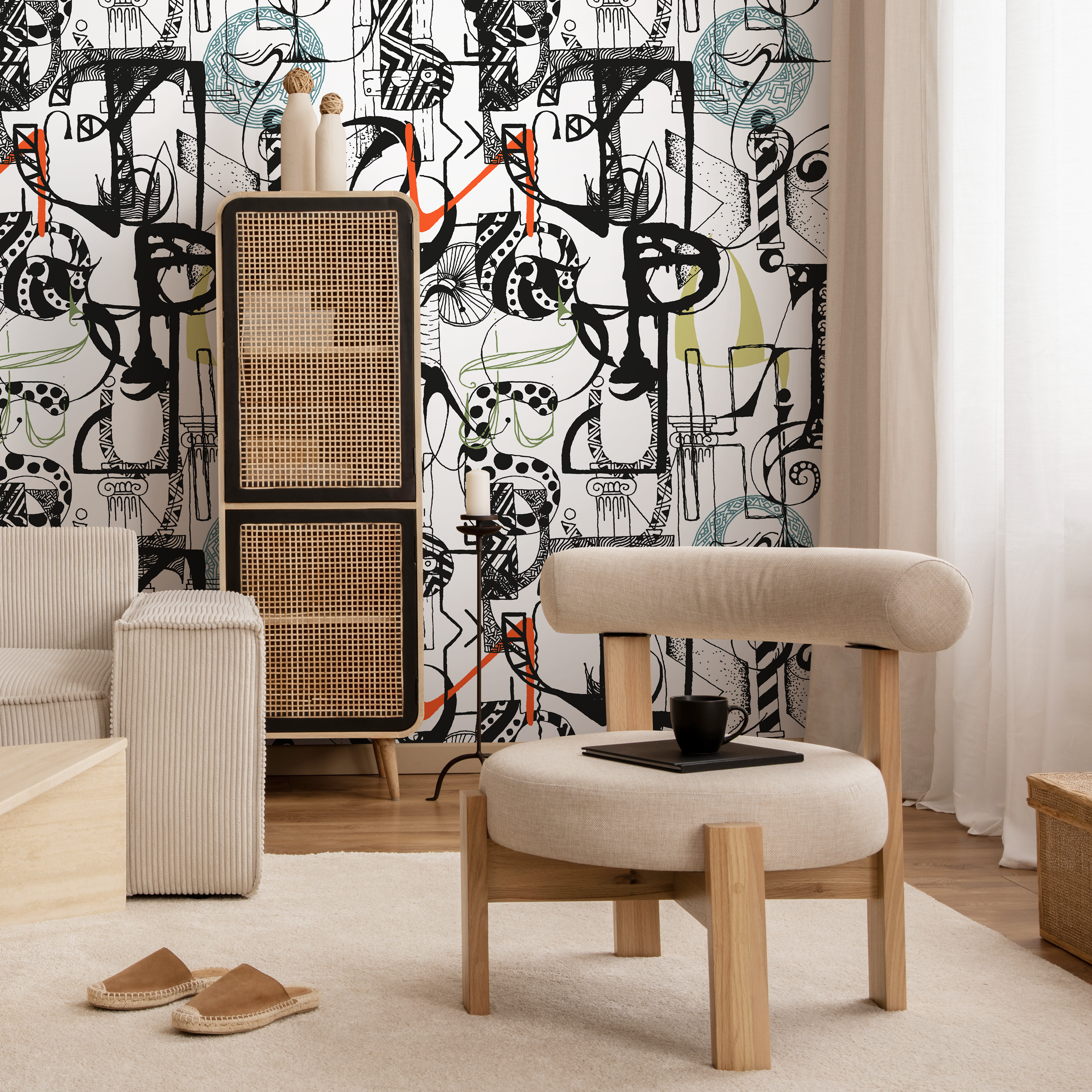 Abstract Wallpaper With A Cubist Art Collage In Black, Teal, And Orange - B699