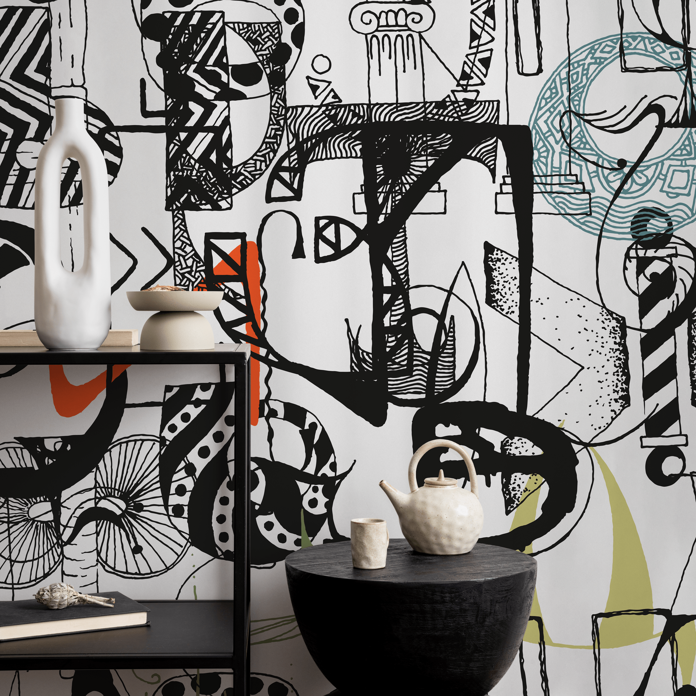Abstract Wallpaper With A Cubist Art Collage In Black, Teal, And Orange - B699