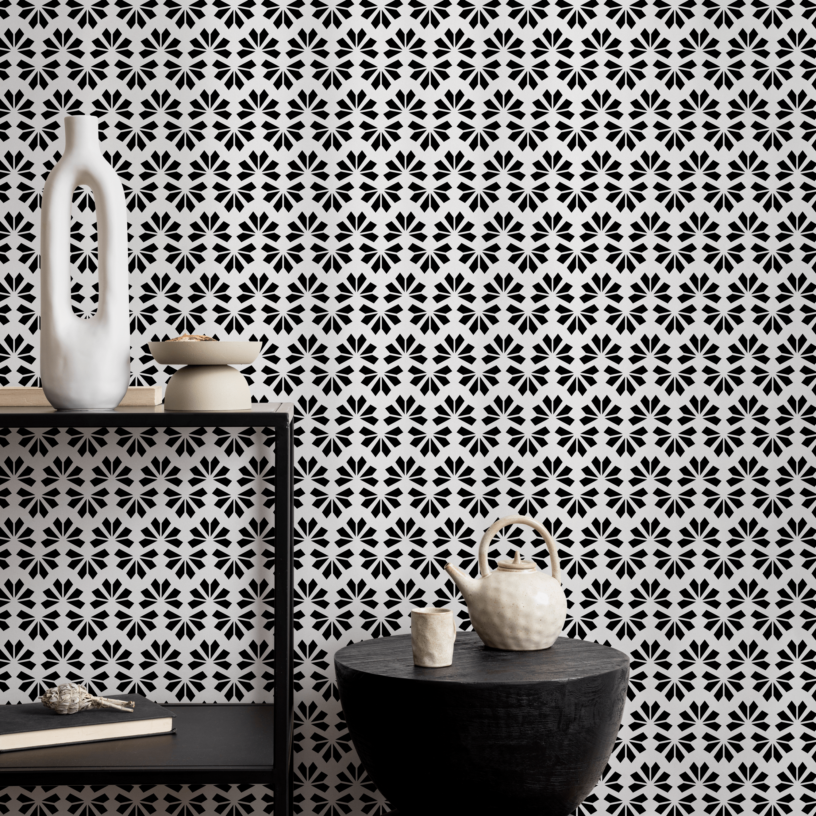 Art Deco Wallpaper With A Geometric Fan Pattern In Black And White - B701