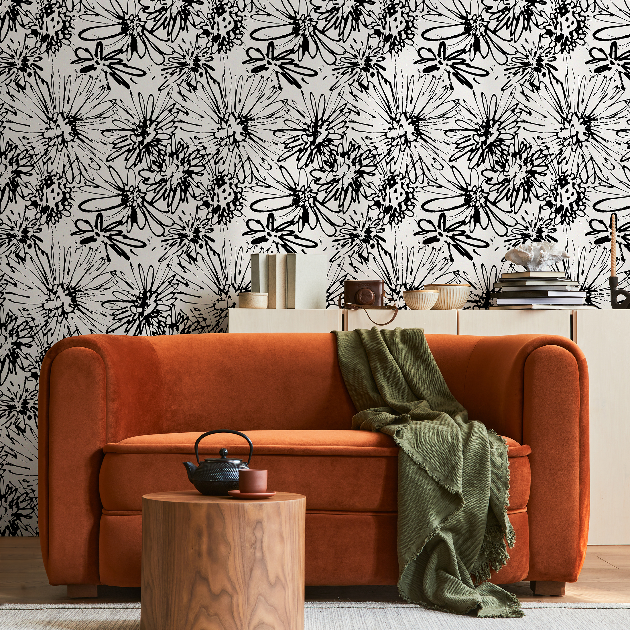Floral Wallpaper With An Abstract Sketch Motif In Black And White - B703
