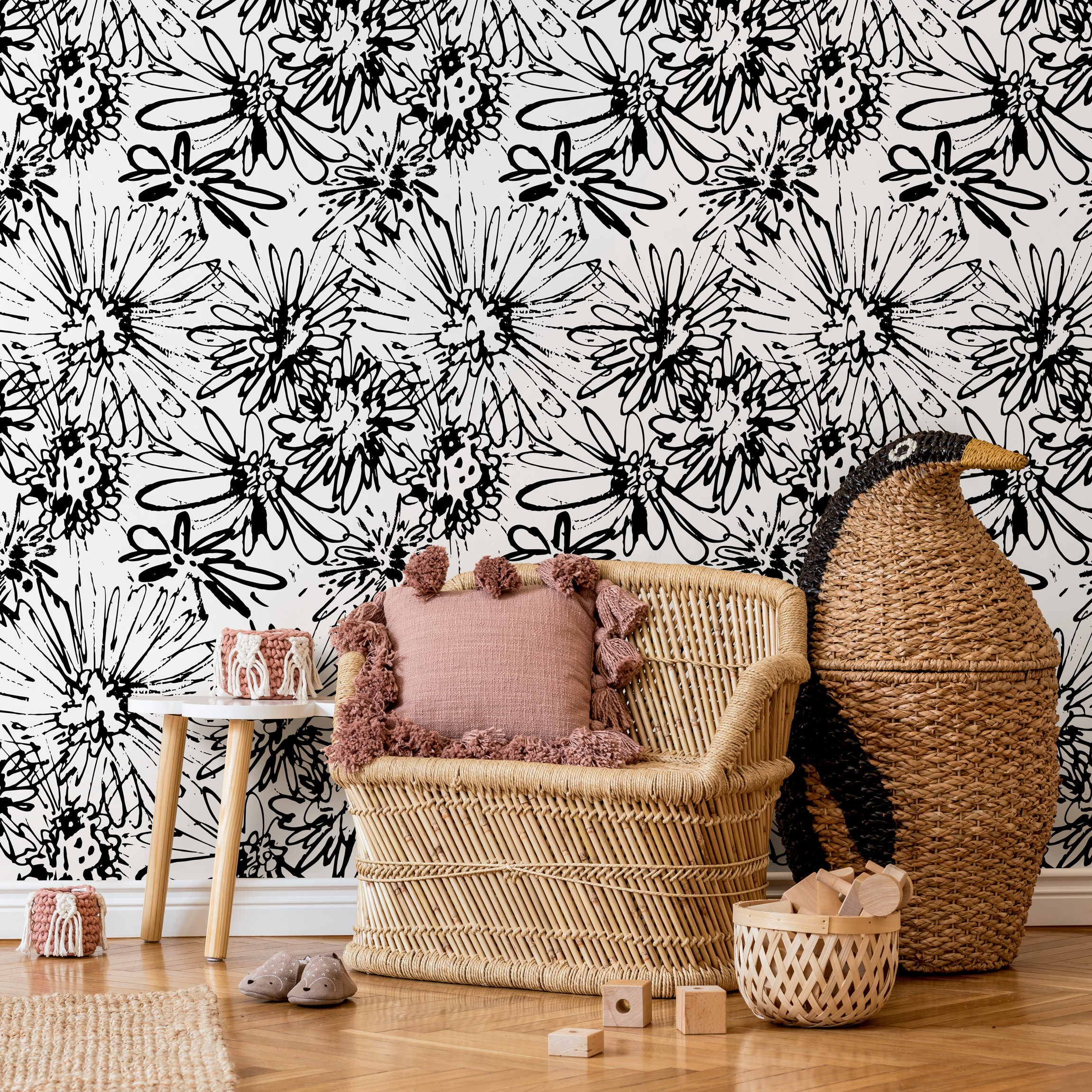 Floral Wallpaper With An Abstract Sketch Motif In Black And White - B703