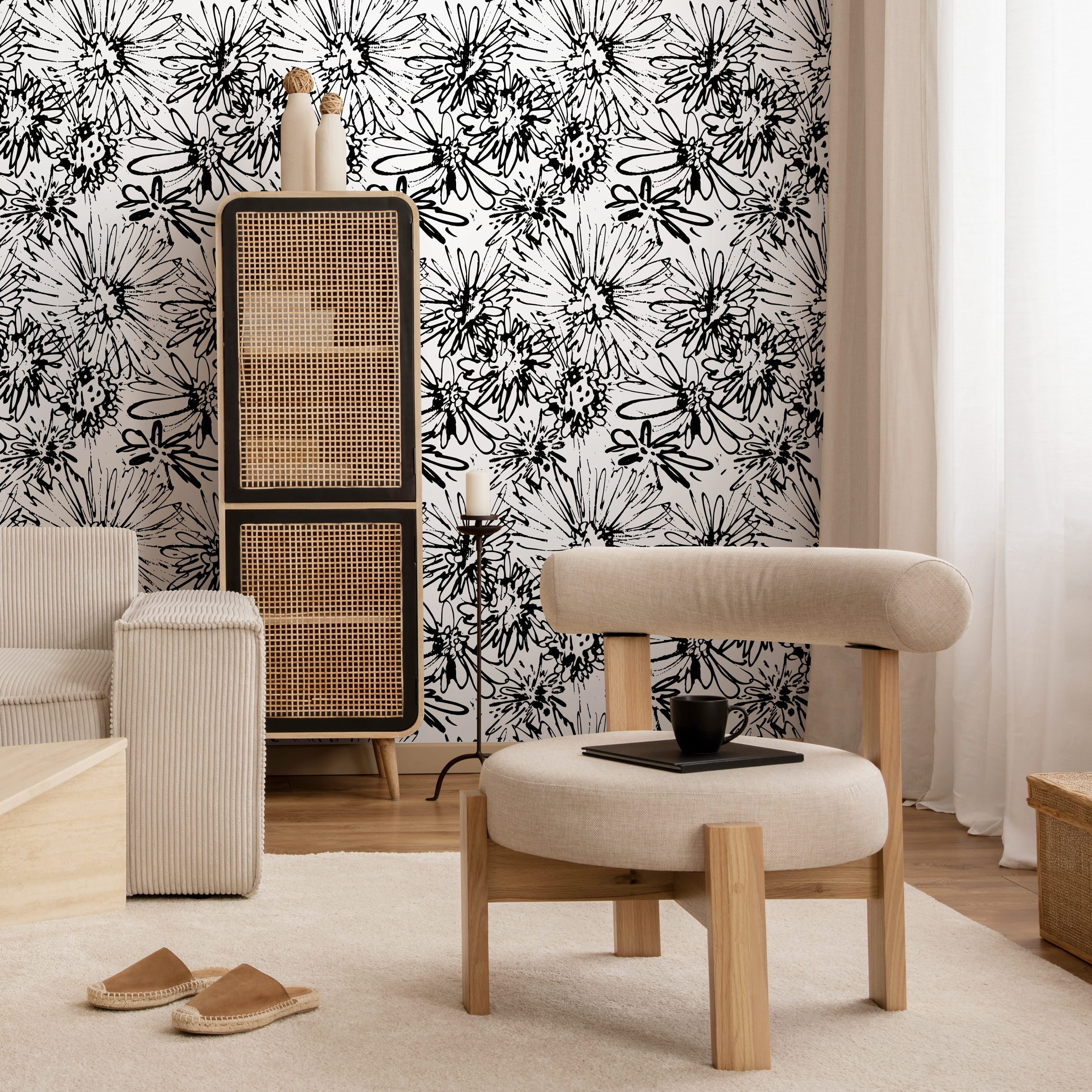 Floral Wallpaper With An Abstract Sketch Motif In Black And White - B703