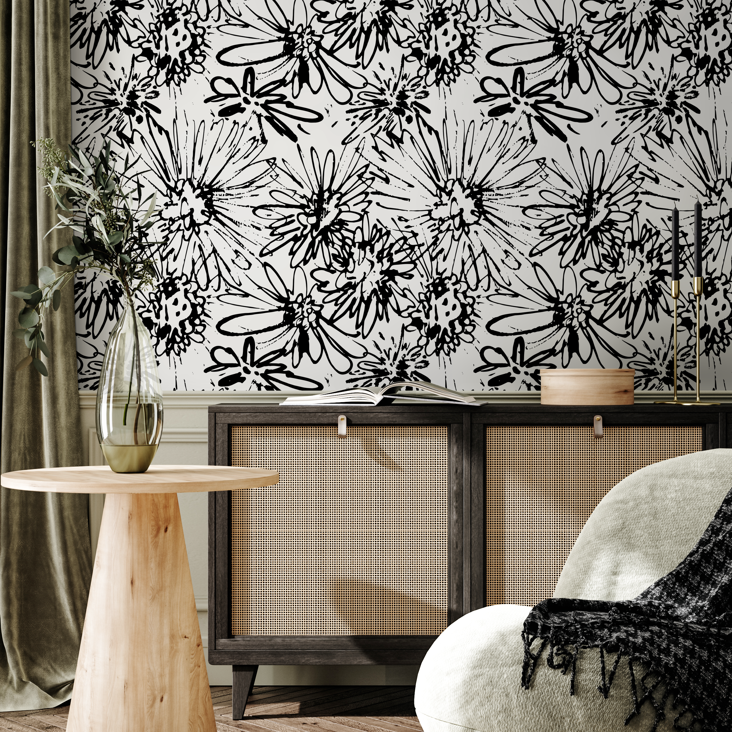 Floral Wallpaper With An Abstract Sketch Motif In Black And White - B703
