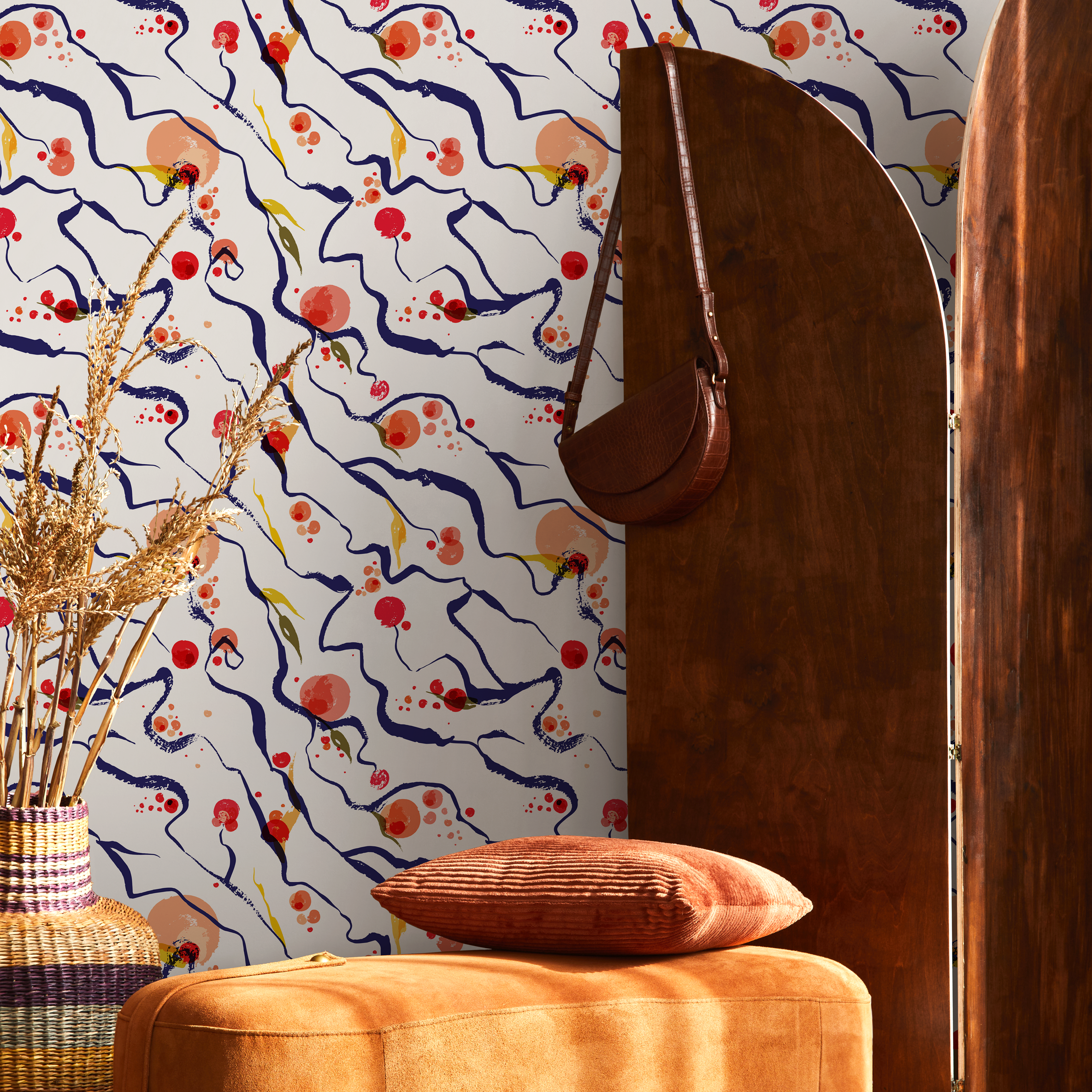 Abstract Wallpaper With Painterly Brushstrokes In Blue, Red, And Orange - B708