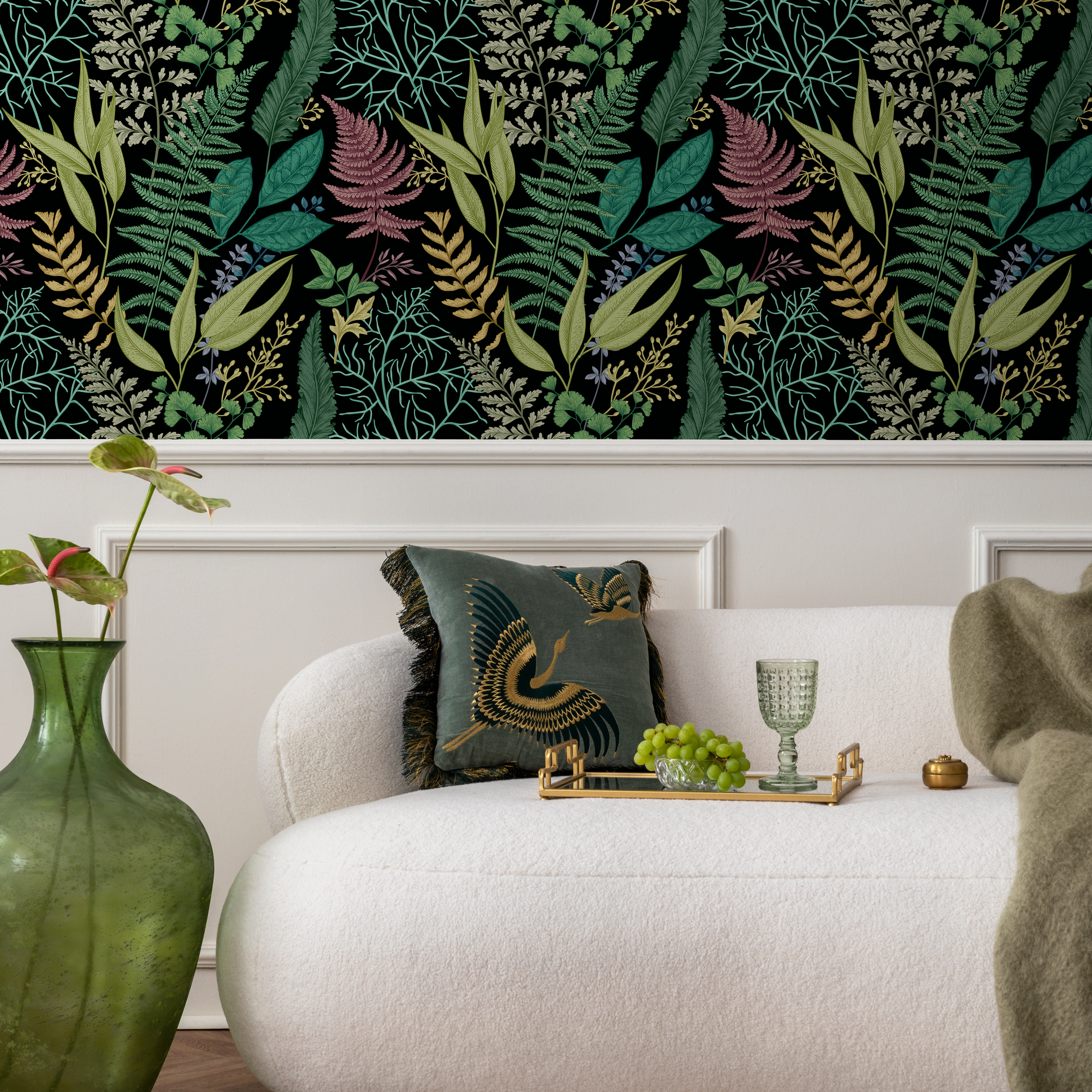 Botanical Wallpaper With Lush Ferns In Green, Red, And Gold - B709