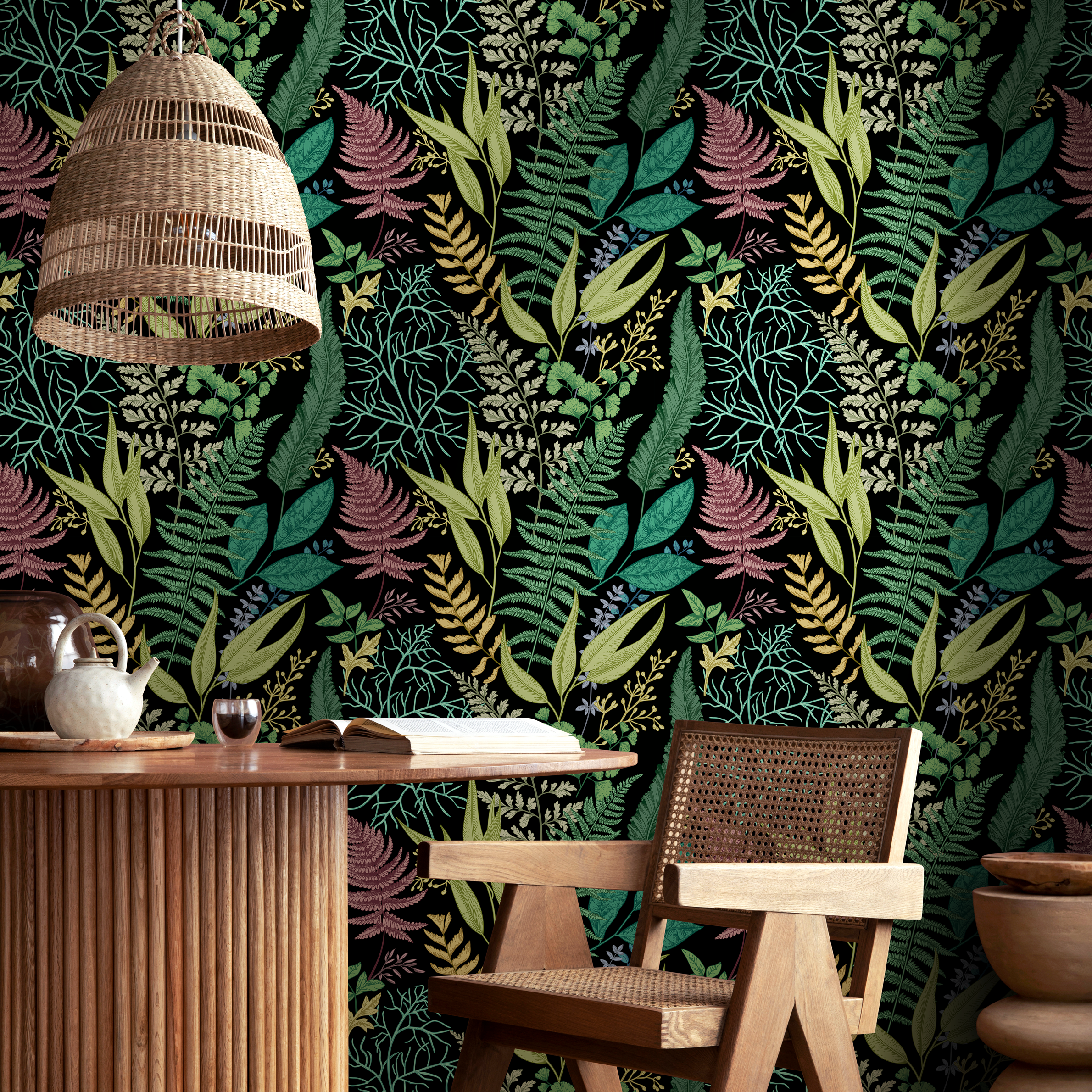 Botanical Wallpaper With Lush Ferns In Green, Red, And Gold - B709