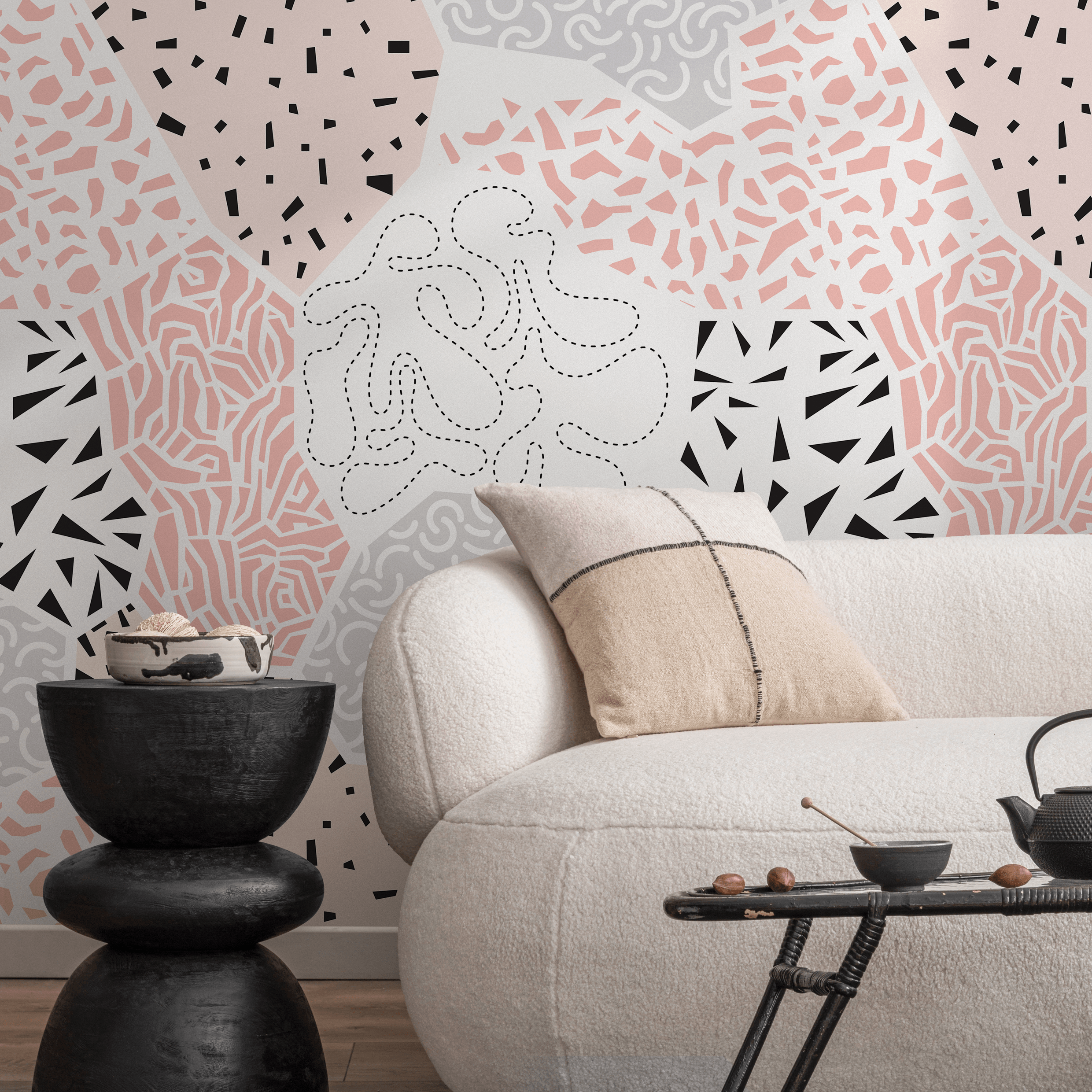 Abstract Wallpaper With A Modern Patchwork Of Patterns In Pink, Black, And Grey - B712