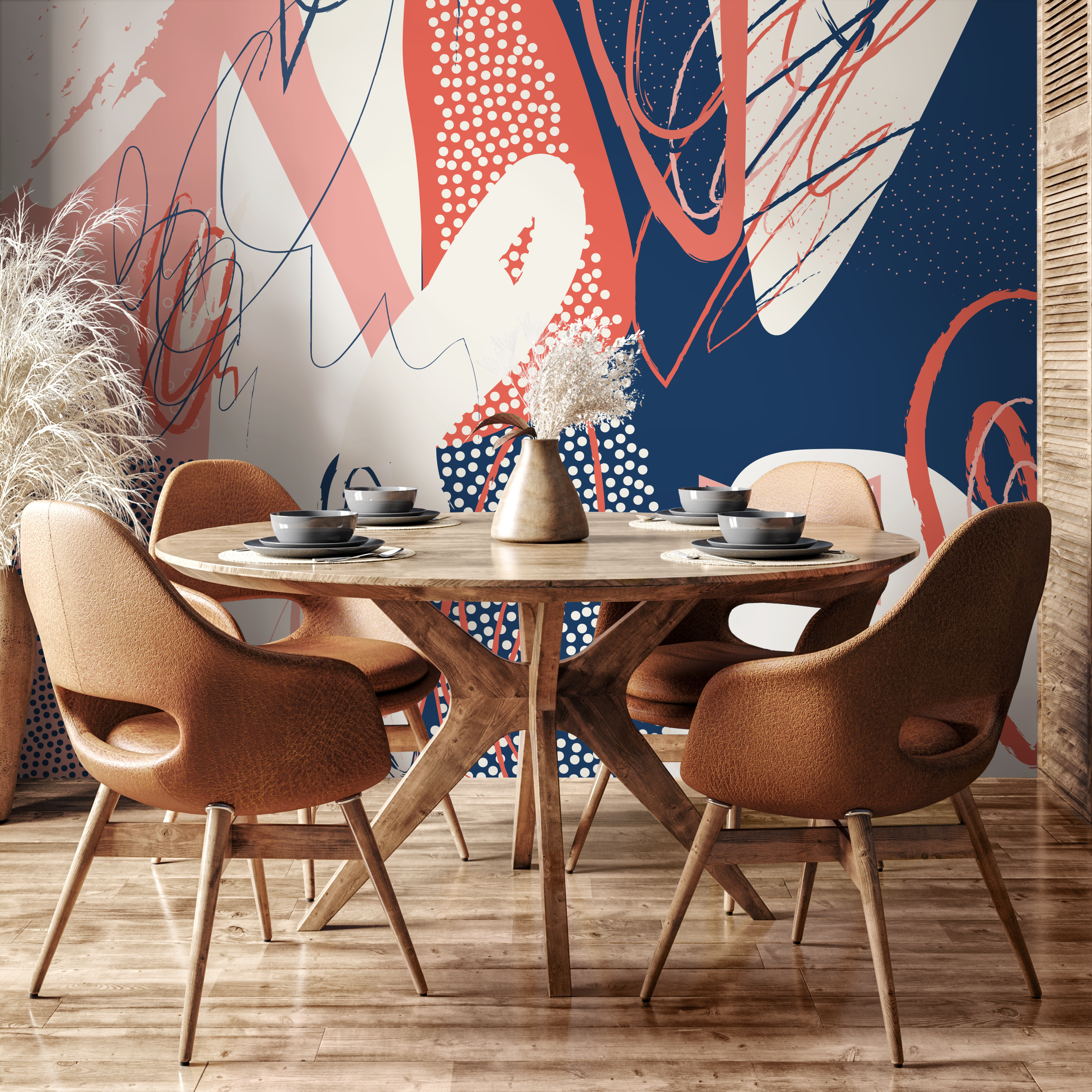Abstract Wallpaper With Bold Brushstrokes In Navy Blue, Coral, And Beige - B716