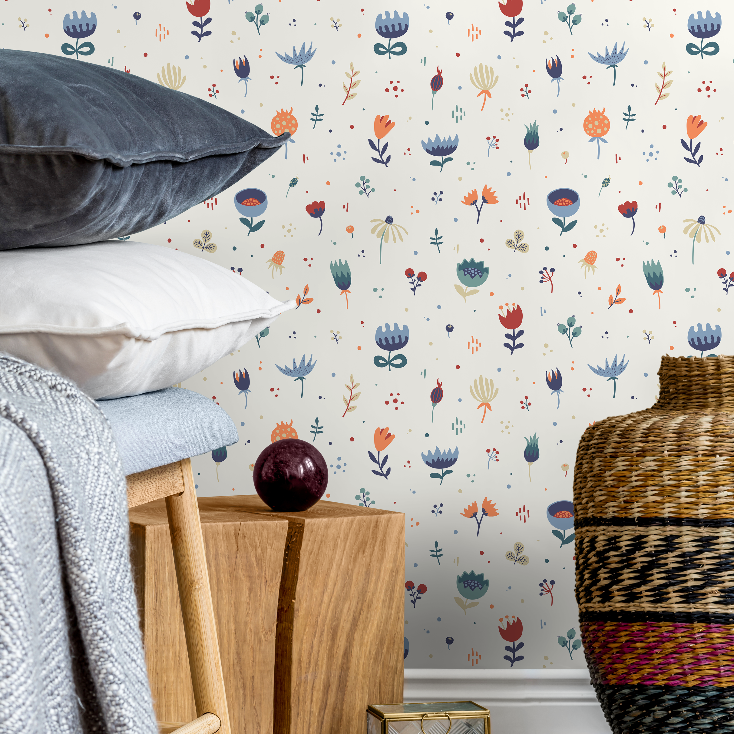 Floral Wallpaper With A Whimsical Folk Art Motif In Blue, Red, And Orange - B717