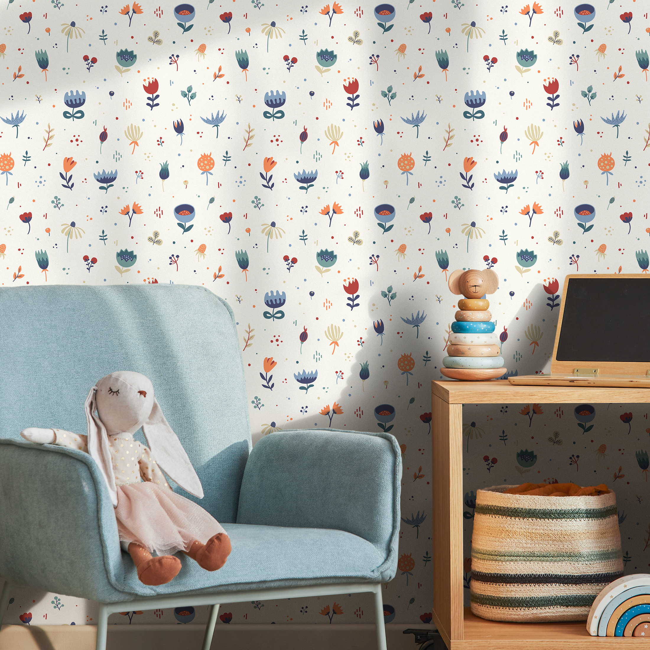 Floral Wallpaper With A Whimsical Folk Art Motif In Blue, Red, And Orange - B717