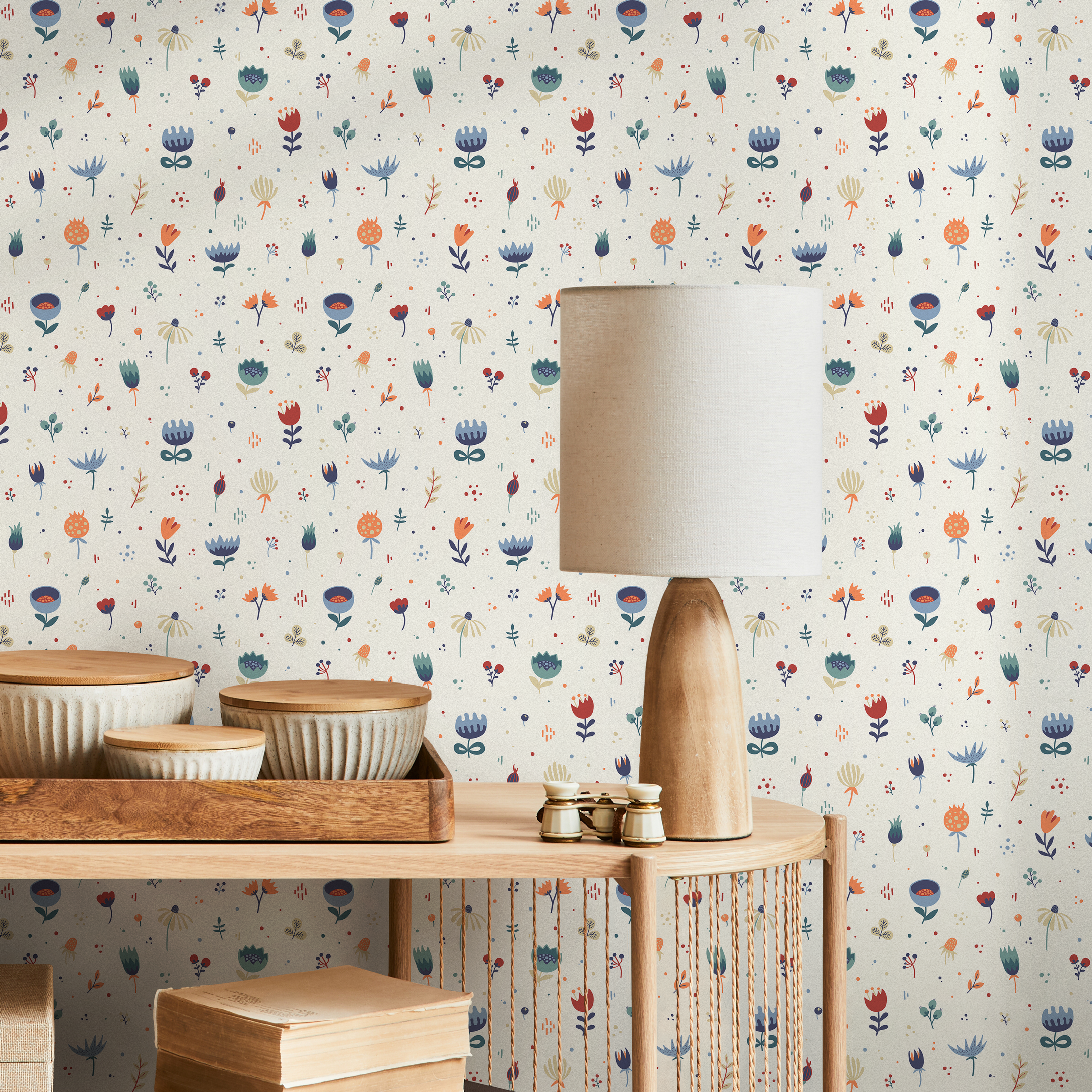 Floral Wallpaper With A Whimsical Folk Art Motif In Blue, Red, And Orange - B717