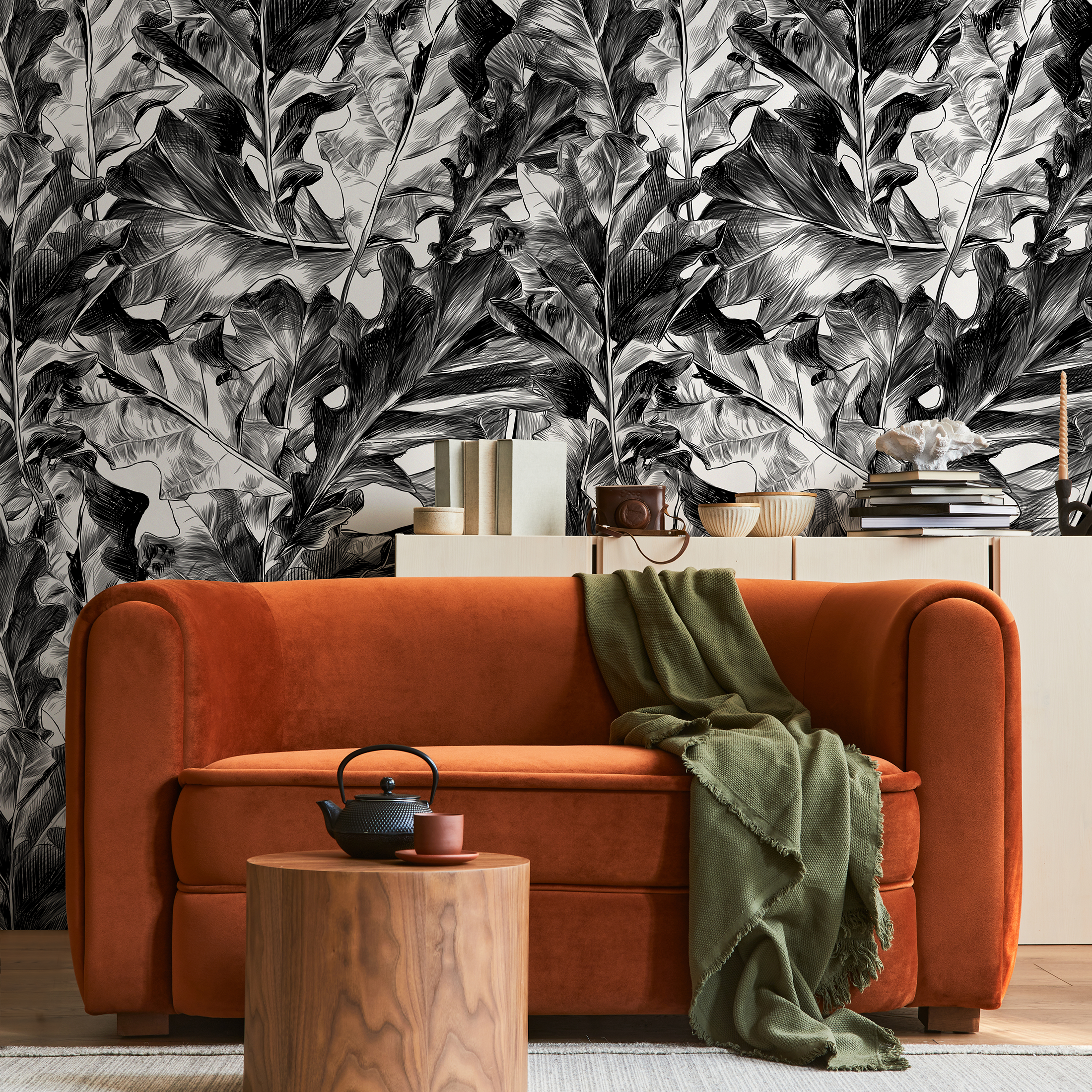 Botanical Wallpaper With Hand-drawn Tropical Leaves In Black And White - B718