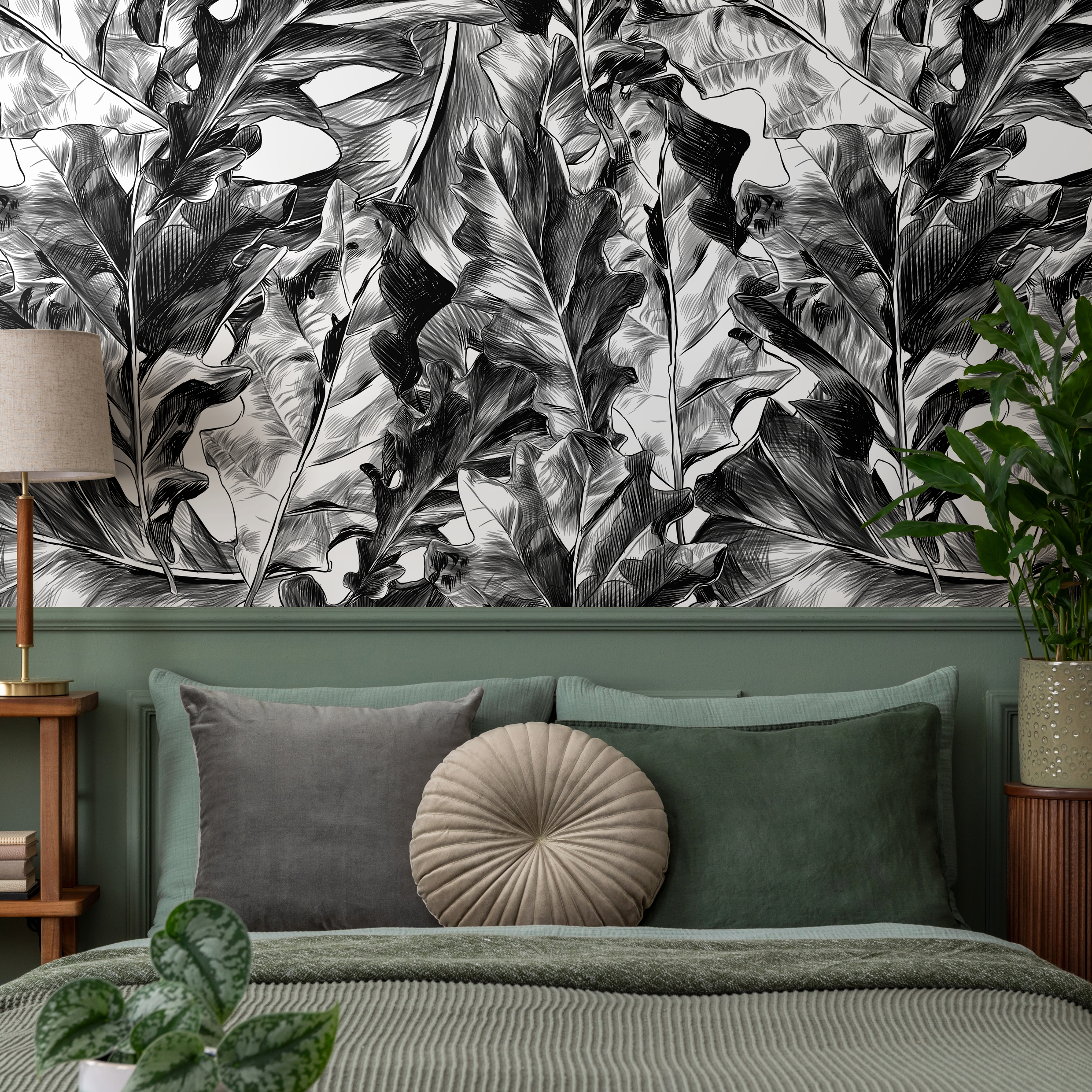 Botanical Wallpaper With Hand-drawn Tropical Leaves In Black And White - B718