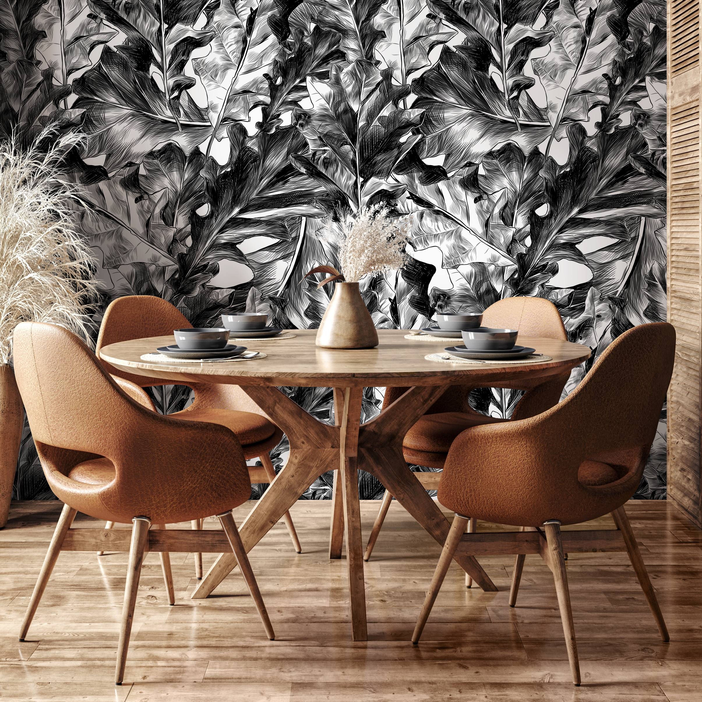 Botanical Wallpaper With Hand-drawn Tropical Leaves In Black And White - B718