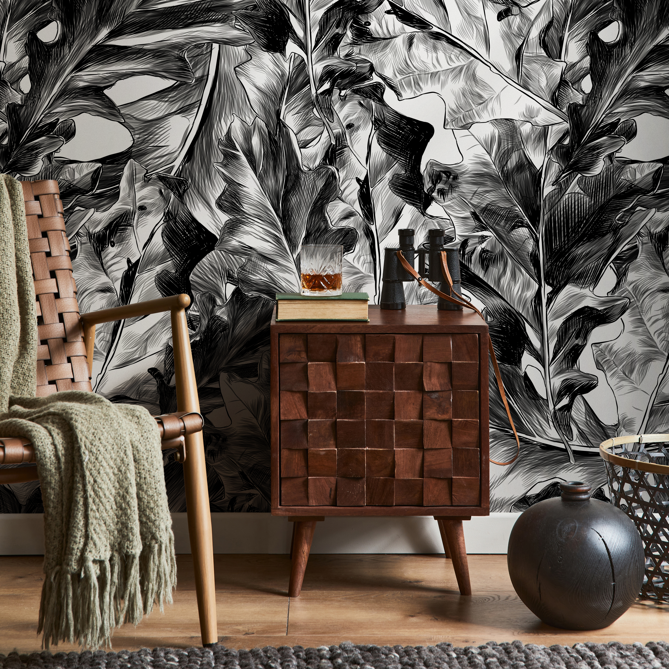 Botanical Wallpaper With Hand-drawn Tropical Leaves In Black And White - B718