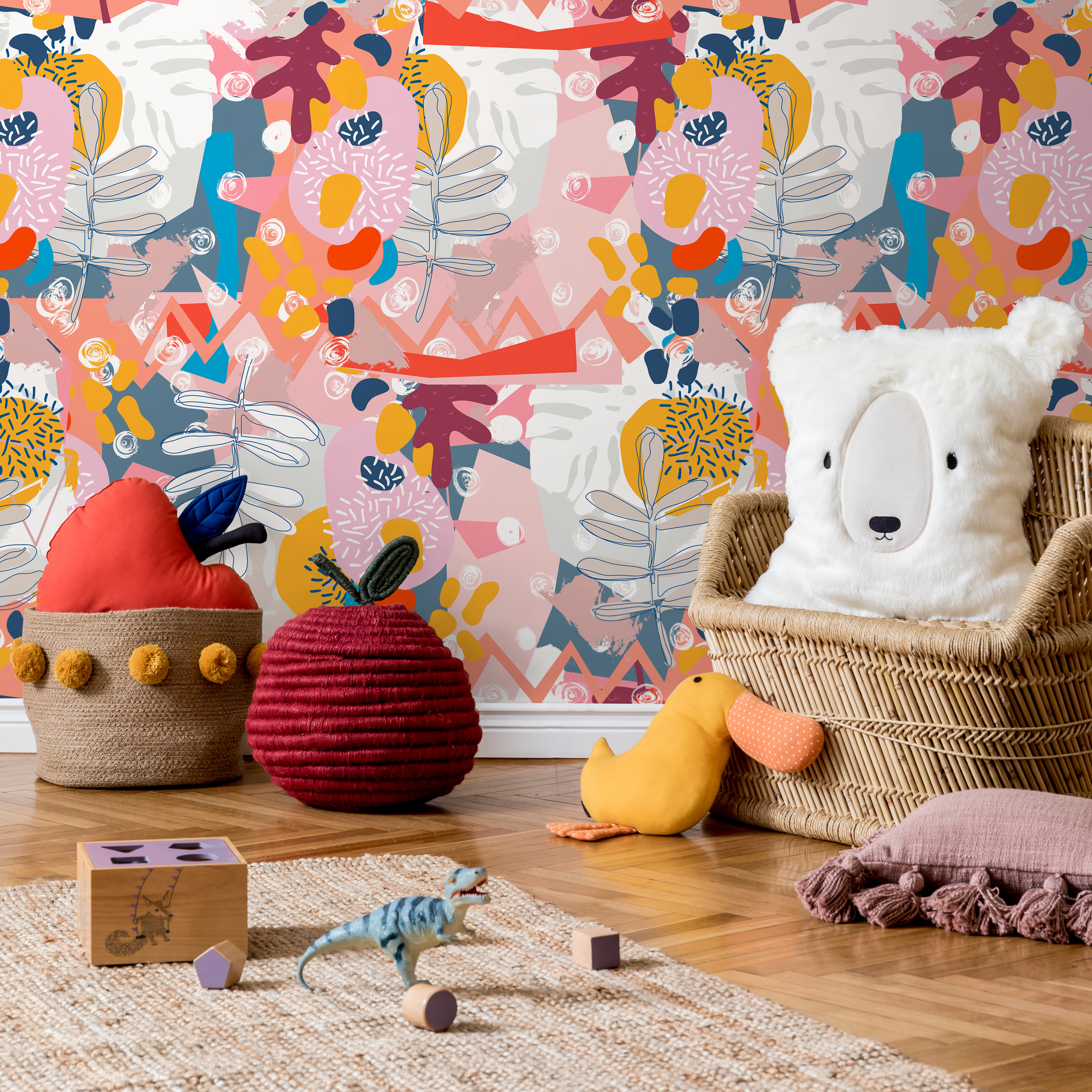 Abstract Wallpaper With Botanical Shapes And Collage Elements In Pink, Yellow, And Blue - B719