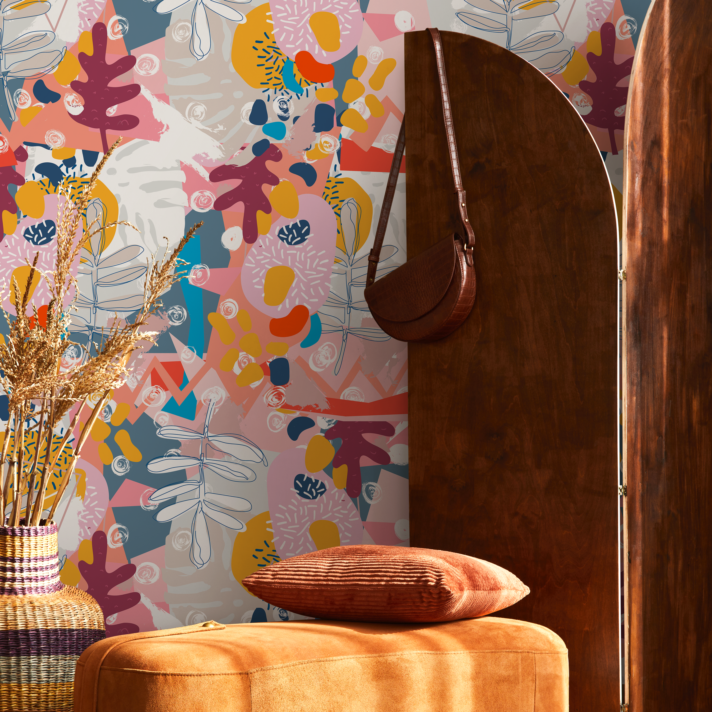 Abstract Wallpaper With Botanical Shapes And Collage Elements In Pink, Yellow, And Blue - B719