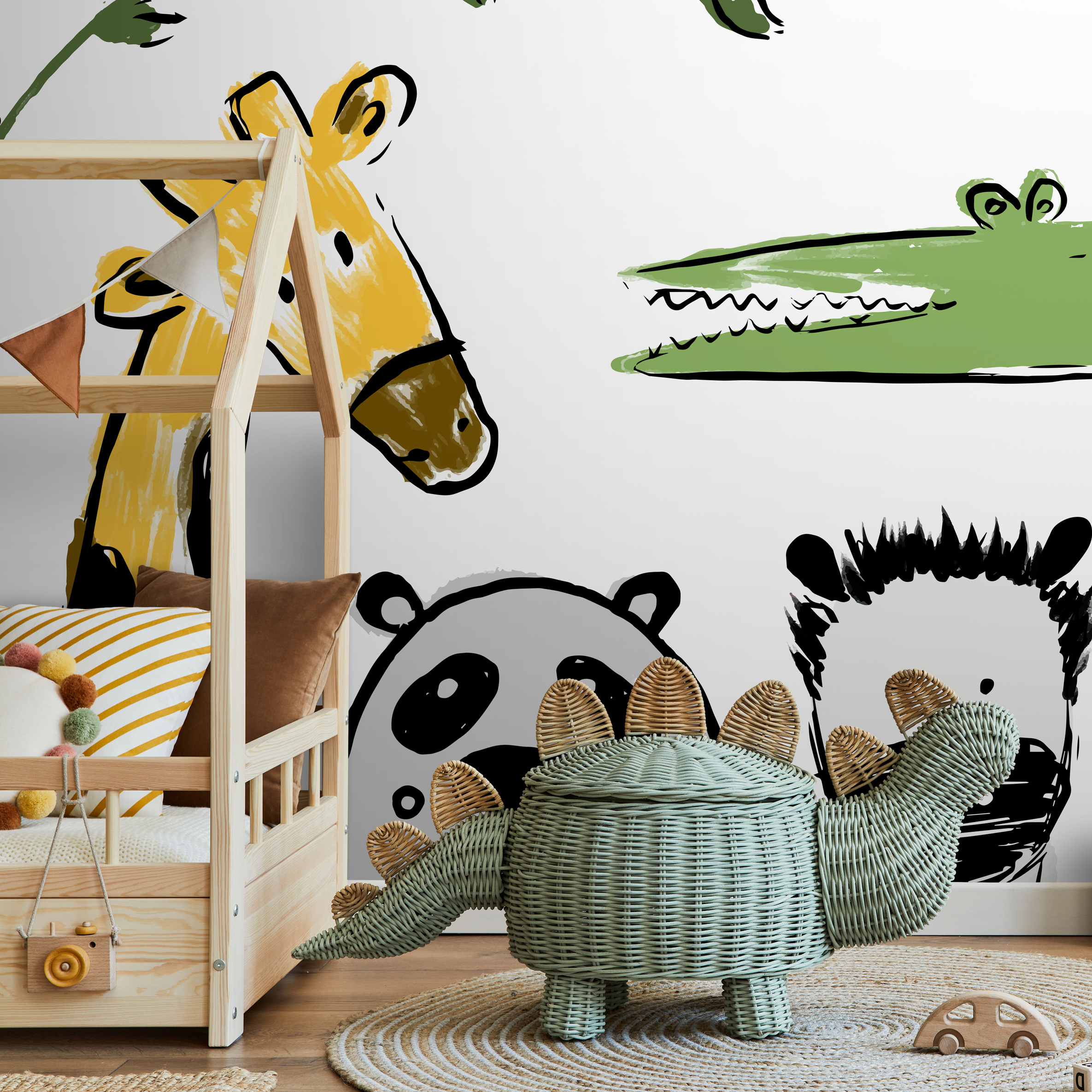 Animal Wallpaper With Sketchy Safari Animals In Yellow, Green, And Gray - B720