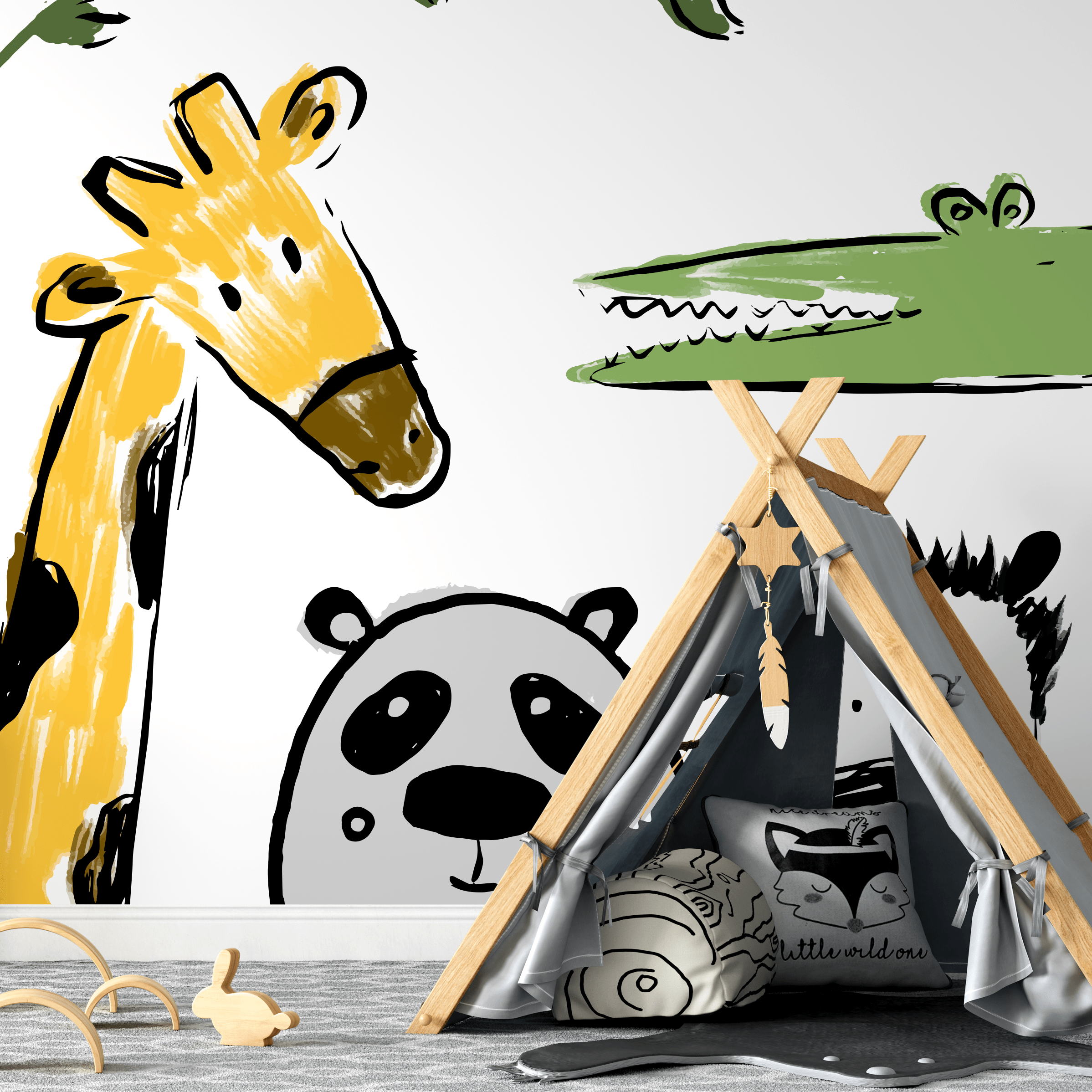 Animal Wallpaper With Sketchy Safari Animals In Yellow, Green, And Gray - B720