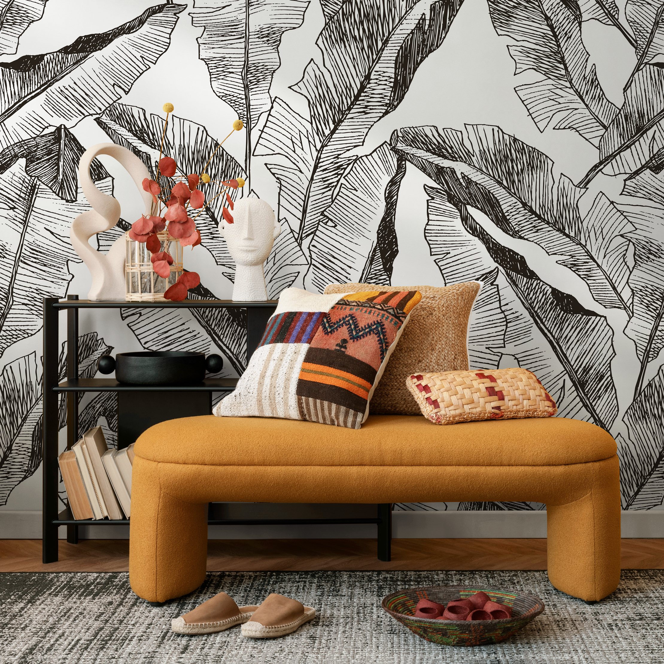 Botanical Wallpaper With Hand-drawn Banana Leaves In Black And White - B722