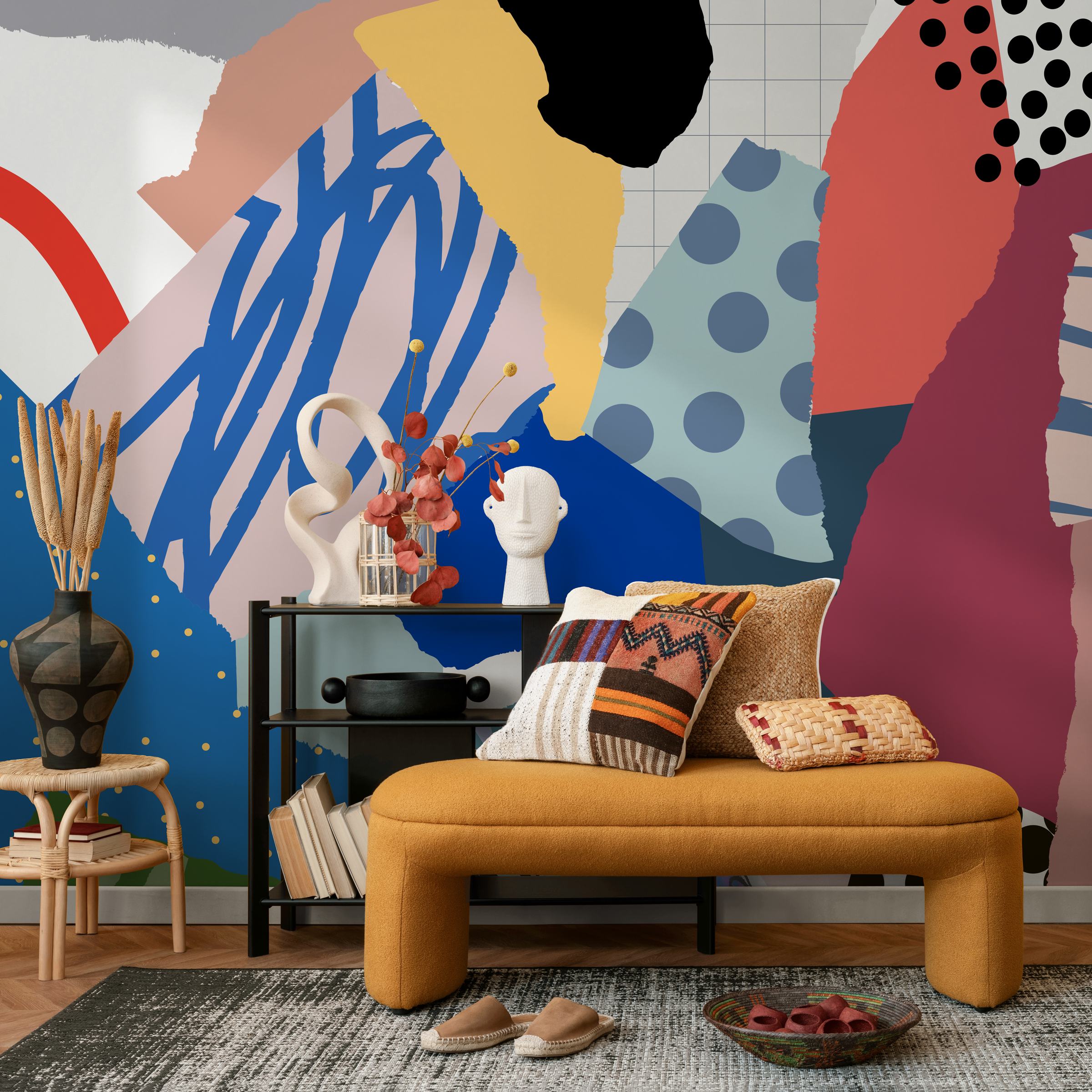 Abstract Wallpaper With A Modern Collage Motif In Blue, Red, And Yellow - B724