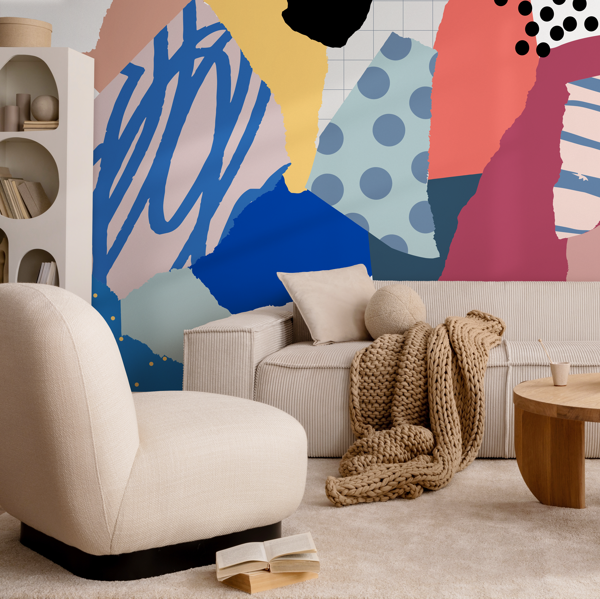 Abstract Wallpaper With A Modern Collage Motif In Blue, Red, And Yellow - B724