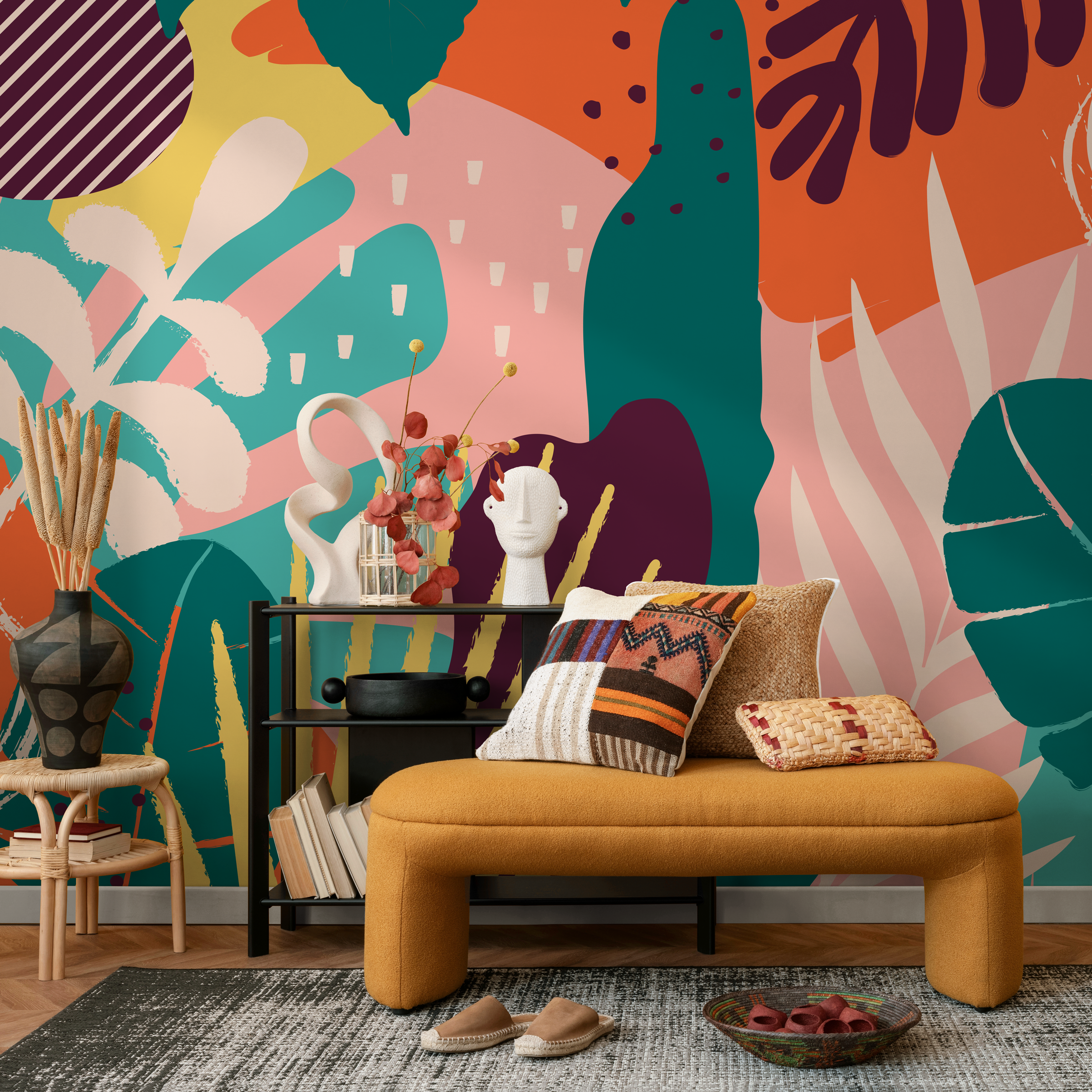 Abstract Wallpaper With A Bold Collage Of Shapes In Orange, Teal, And Pink - B730