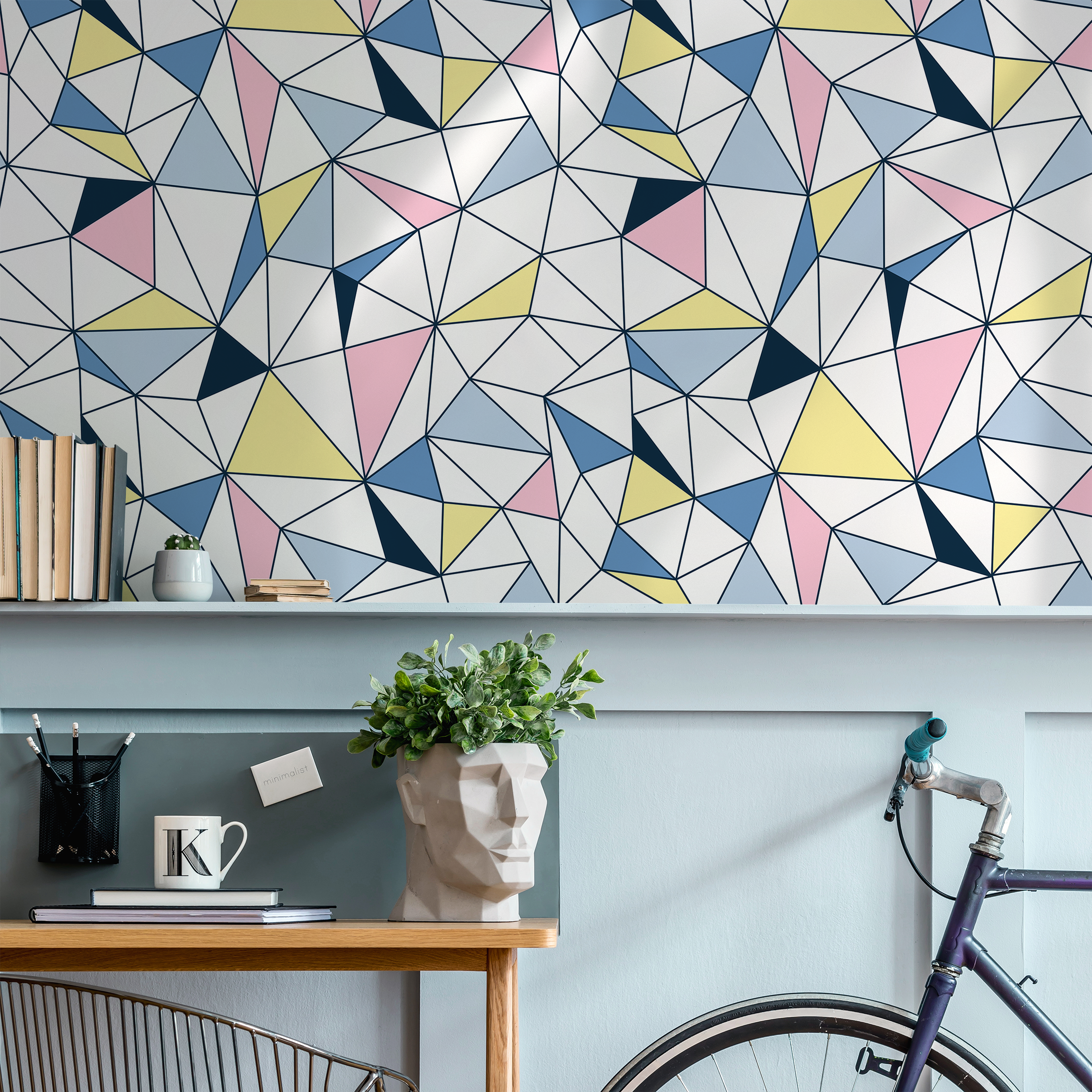Geometric Wallpaper Featuring A Colorful Triangle Mosaic In Blue, Pink, And Yellow - B731
